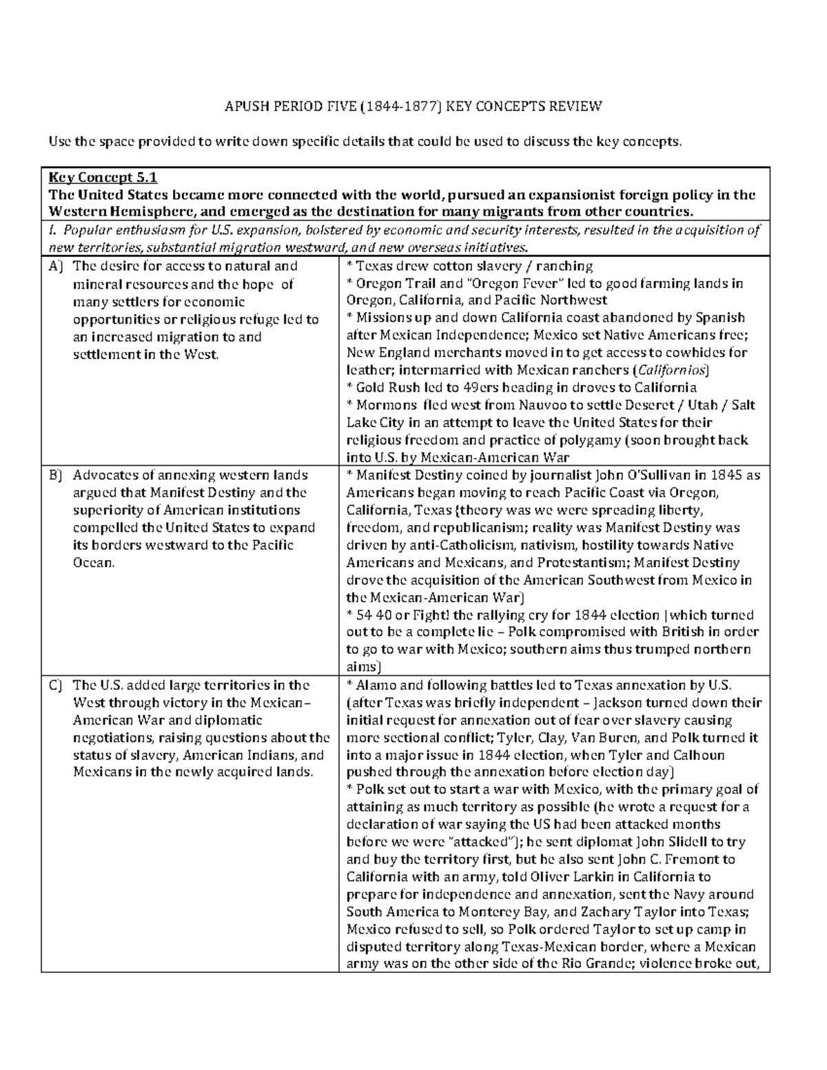 Apush Period Five Key Concepts Apush Period Five 1844 1877 Key Concepts Review Use The Space Studocu