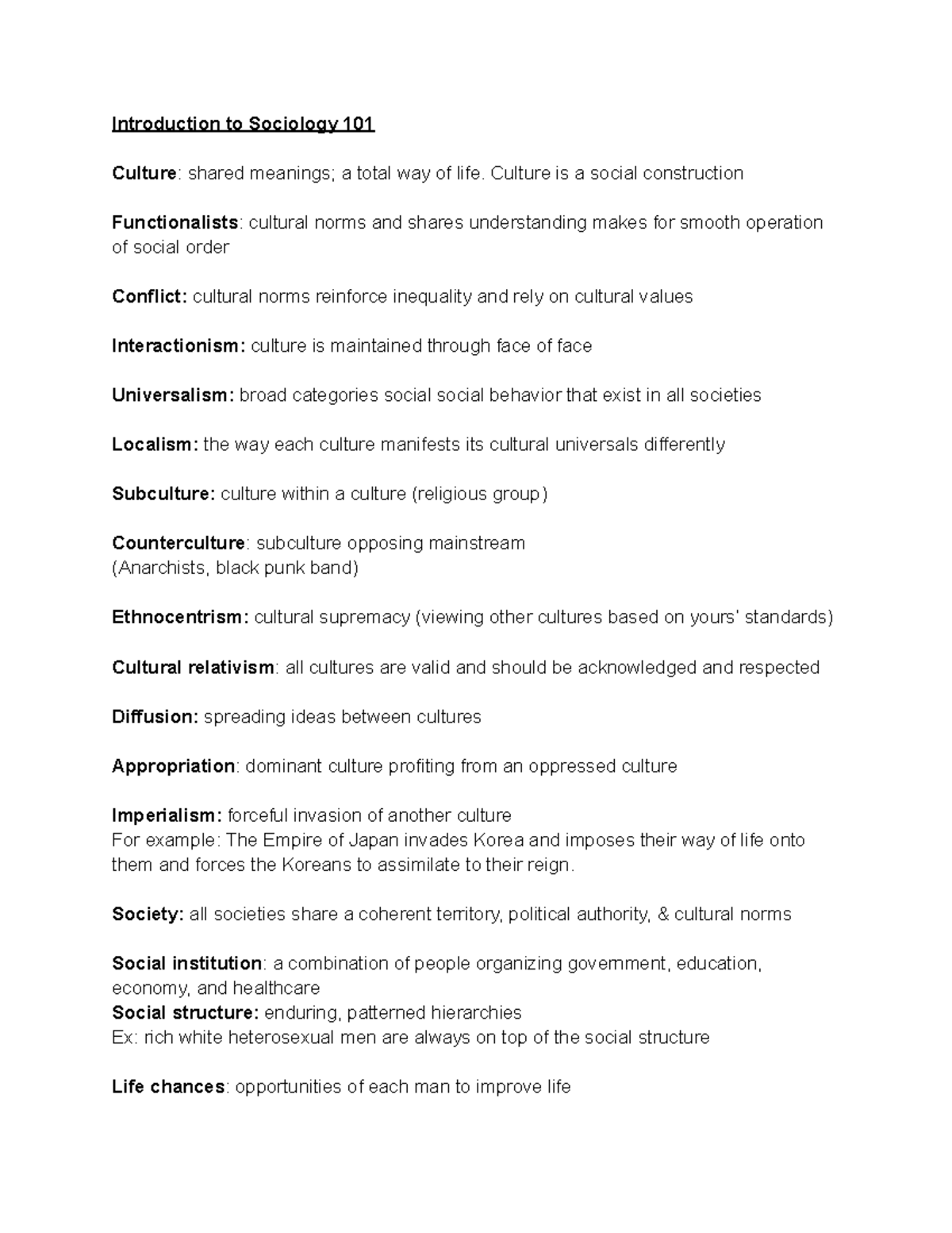 Sociology 101 notes - Introduction to Sociology 101 Culture: shared ...
