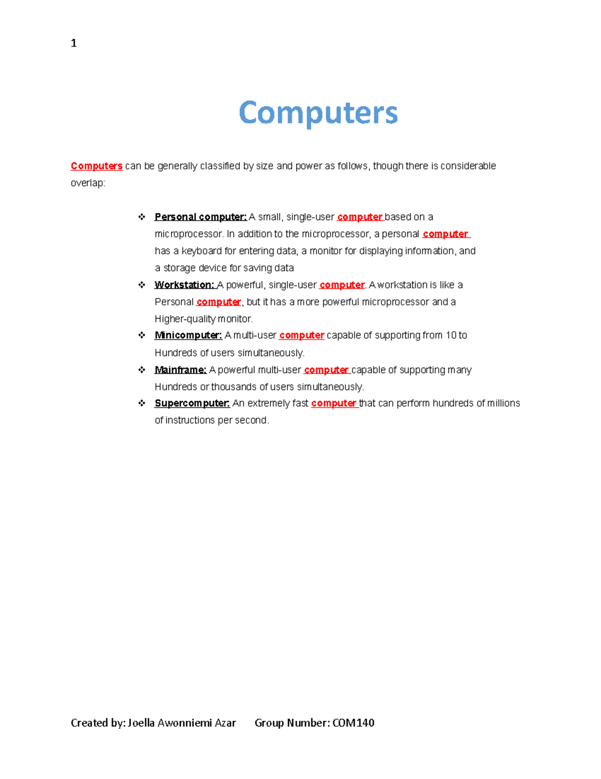 A7 JAA com140 1 Computers Computers can be generally classified