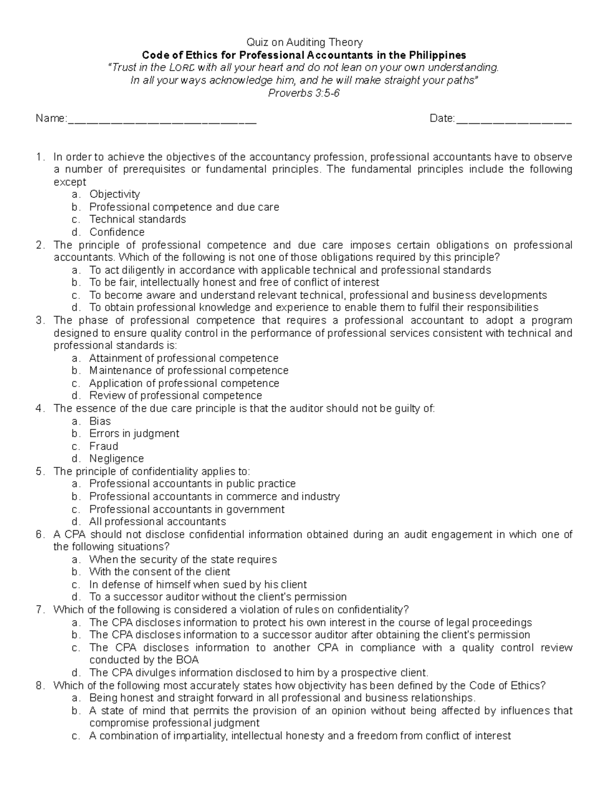 Quiz on Code of Ethics - Quiz on Auditing Theory Code of Ethics for ...