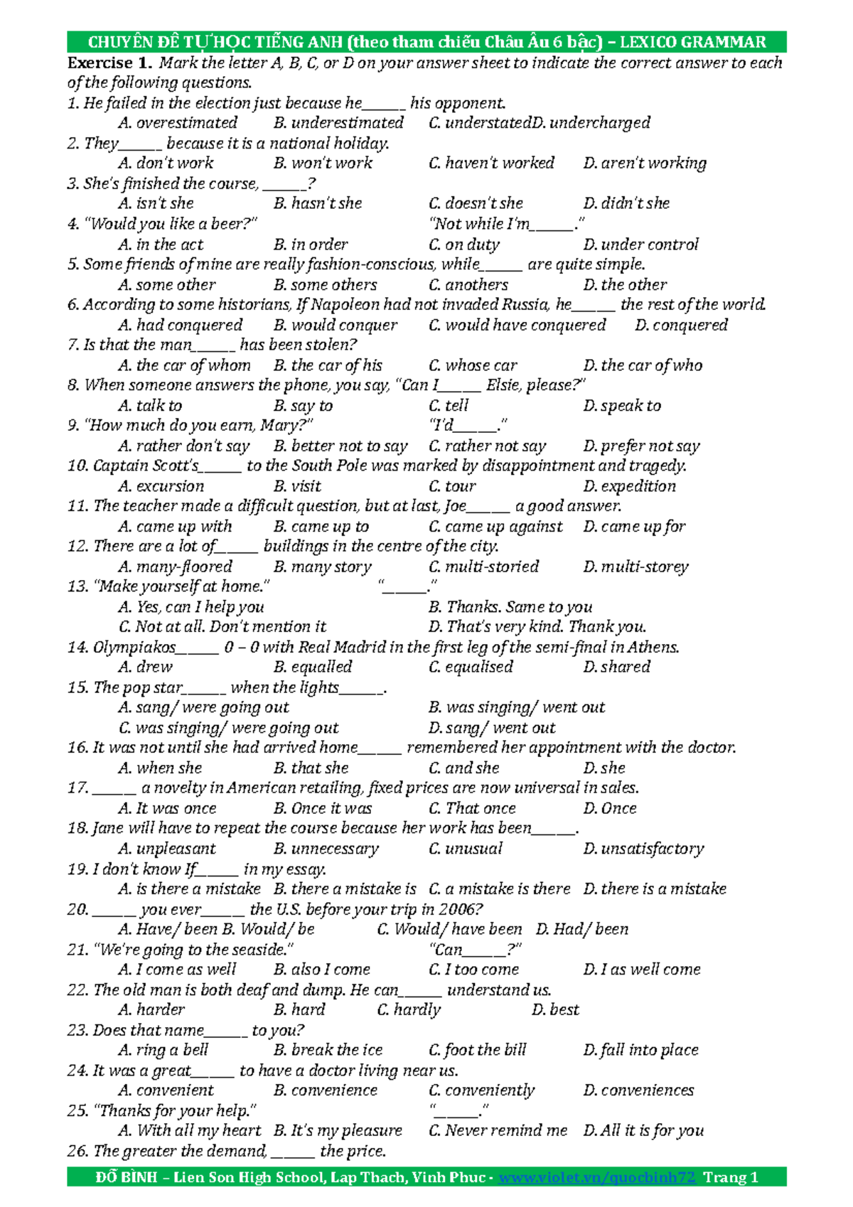 Onluyen.vn Bài tập trắc nghiệm chuyên đề lexico grammar môn tiếng anh ...