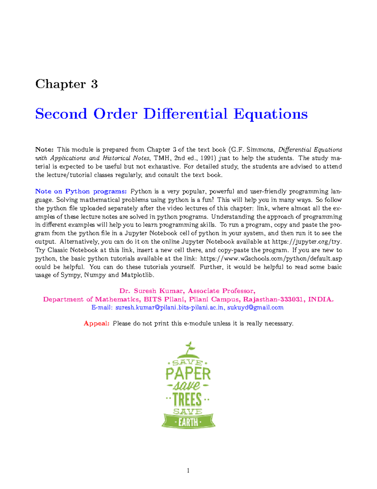 Chapter 3 Second Order Differential Equations- Mathematics 3 (F211 ...