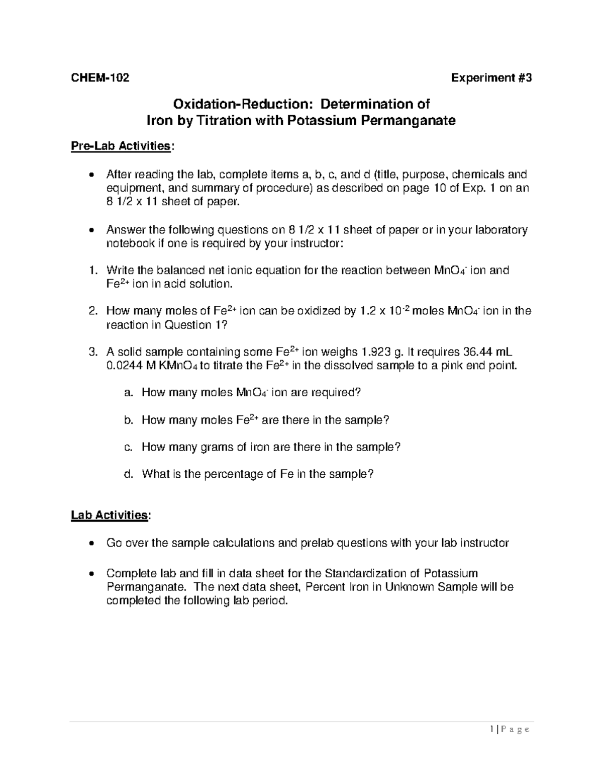 Exp 3 OxidationReduction Determination of Iron by Titration with