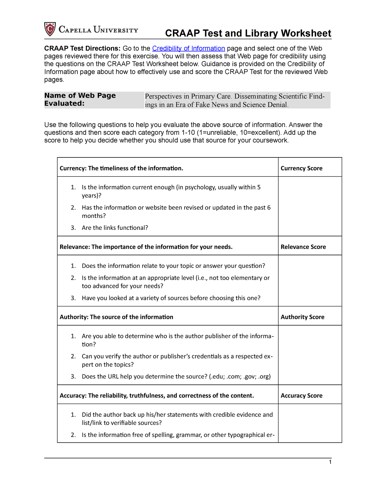 Cf Craap Test Library Worksheet - CRAAP Test Directions: Go To The ...