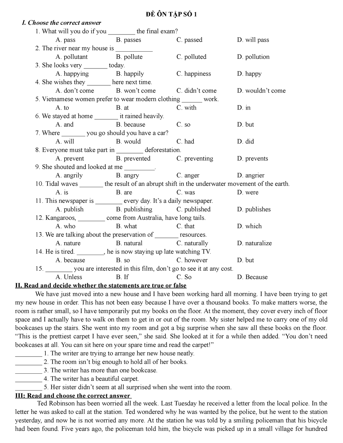 Đề ôn tập 1 - Exercises for grade 9th students - ĐỀ ÔN TẬP SỐ 1 I ...