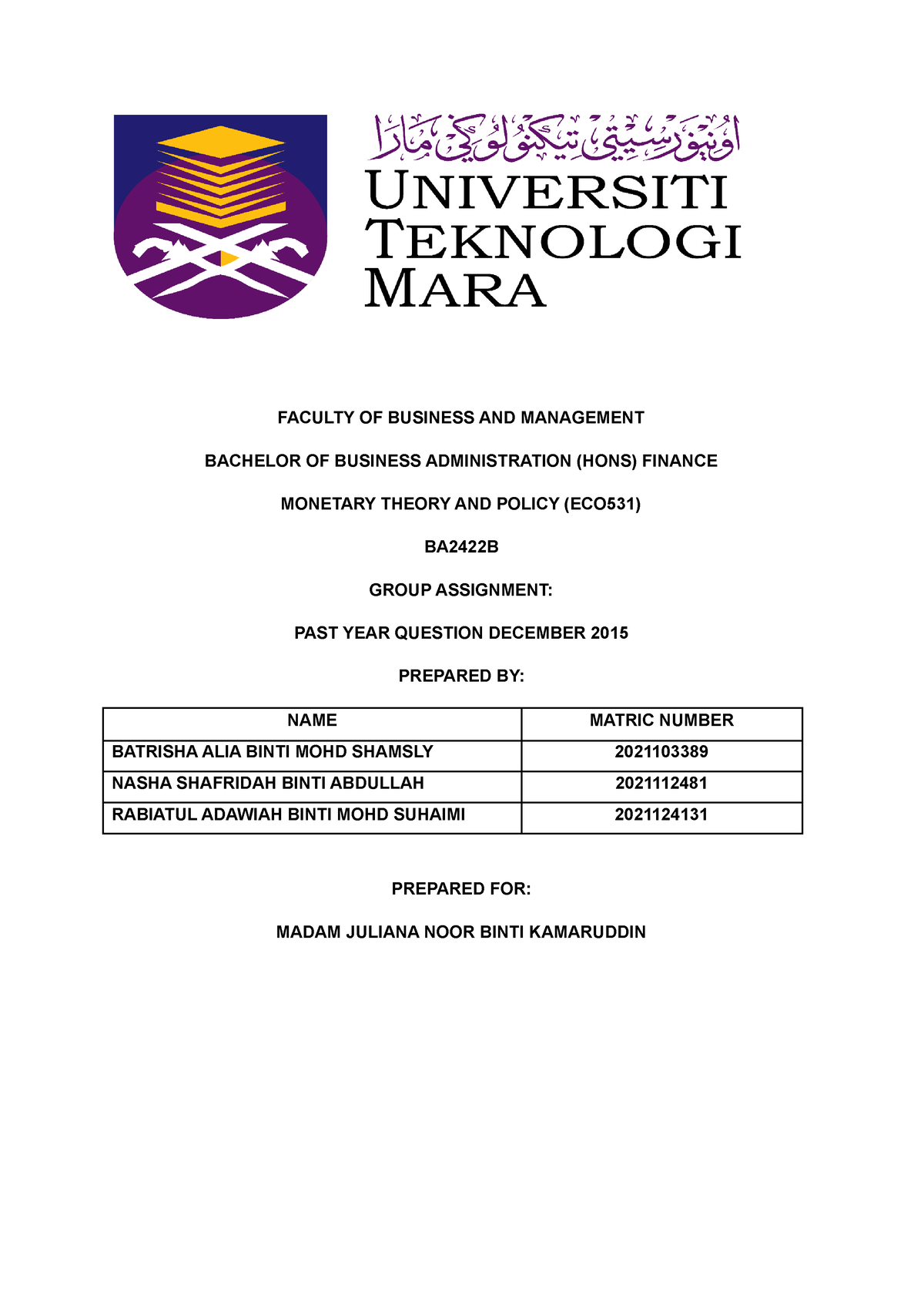 ECO531(2015 ) Group 4 - tuto - FACULTY OF BUSINESS AND MANAGEMENT ...