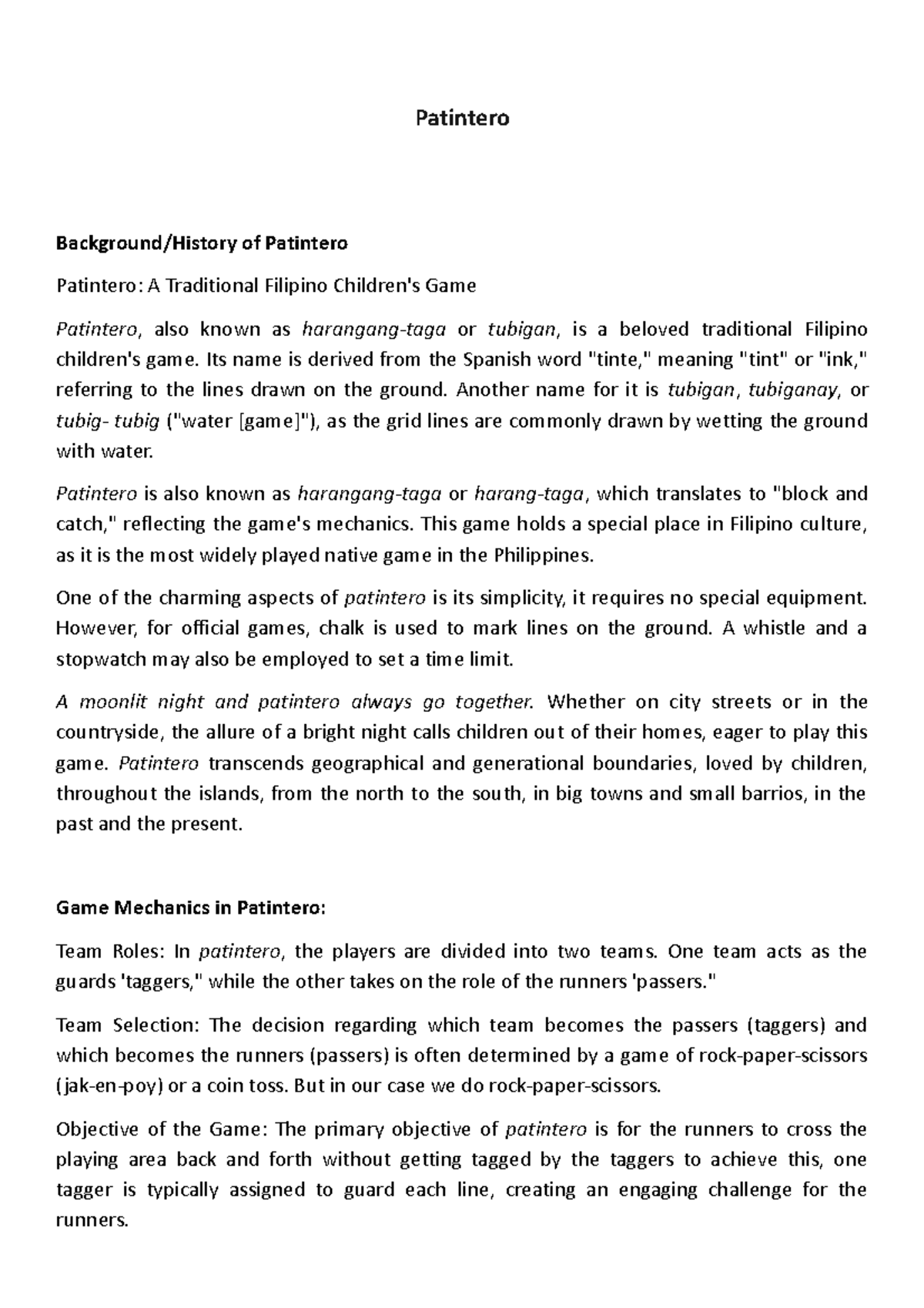 For science project 2 Patintero Background/History of Patintero