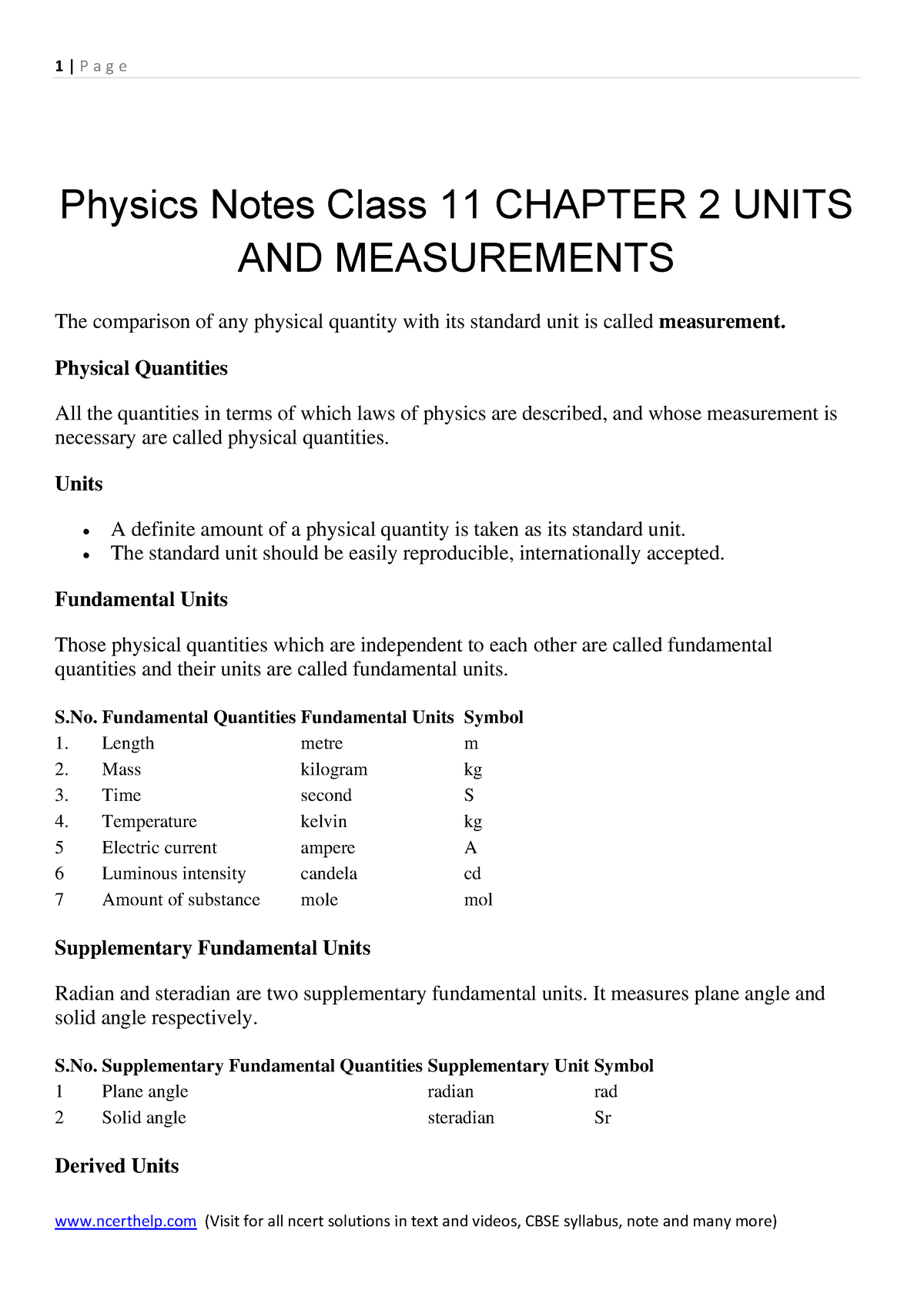 Physics Notes Class 11 Chapter 2 Units AND Measurements - Physics Notes ...