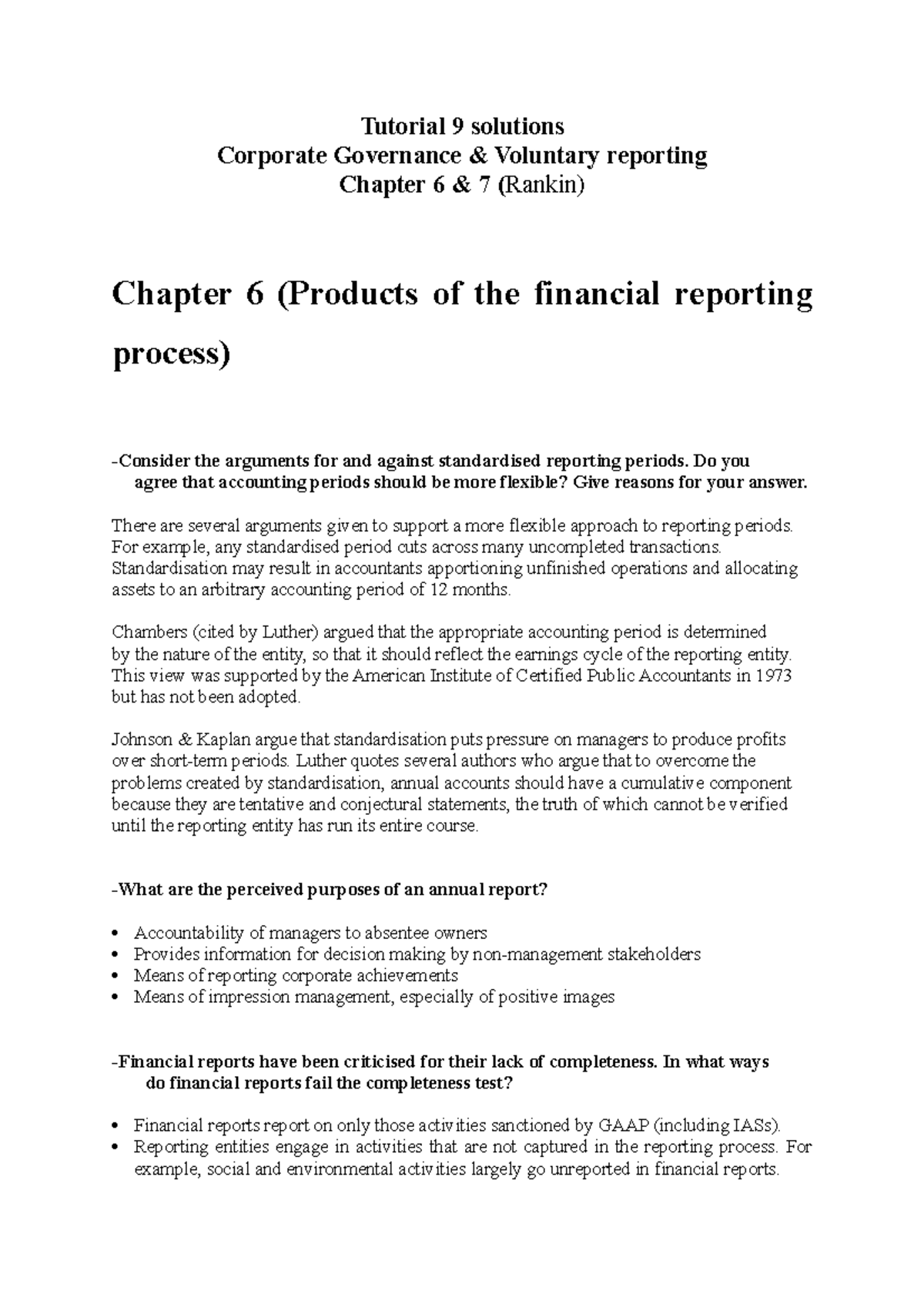 Tutorial 9 solutions- Corporate Governance and voluntary disclosure ...