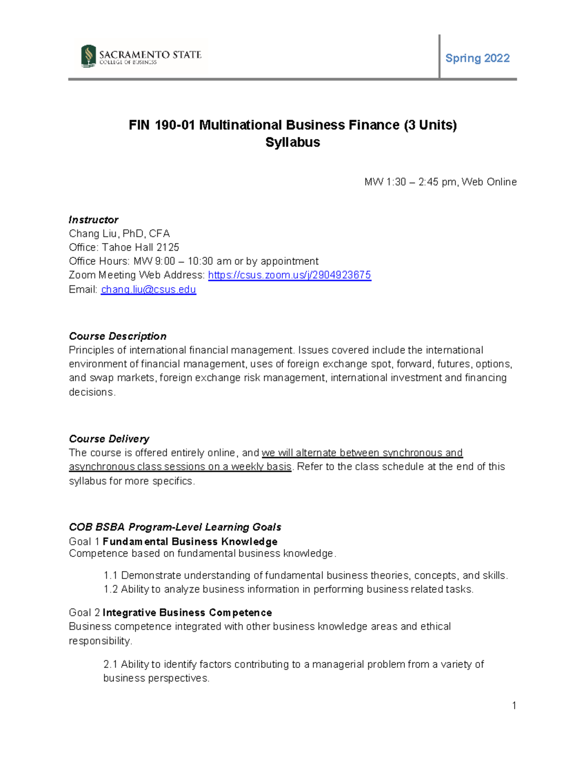 FIN190-01 Syllabus S22 - FIN 190 -01 Multinational Business Finance (3 ...