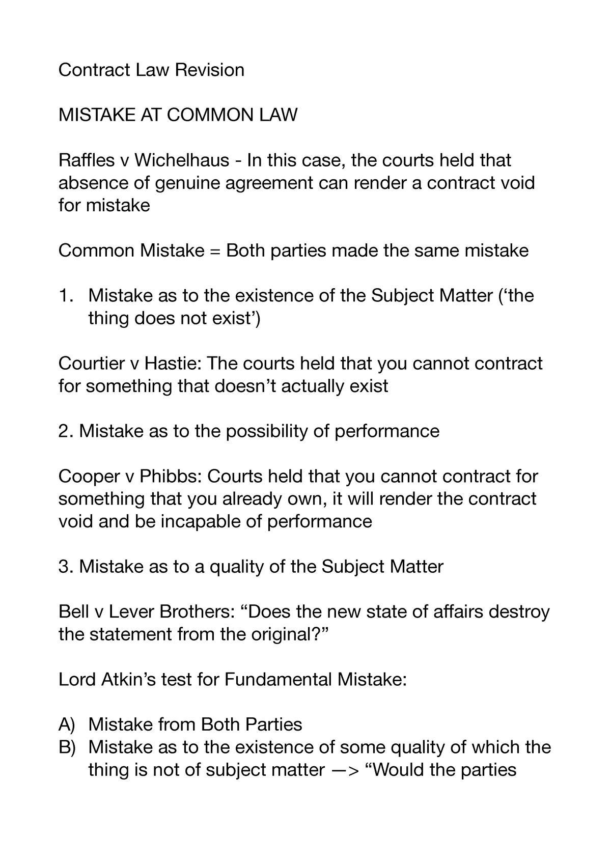 Contract Revision - Contract Law Revision MISTAKE AT COMMON LAW Raffles ...