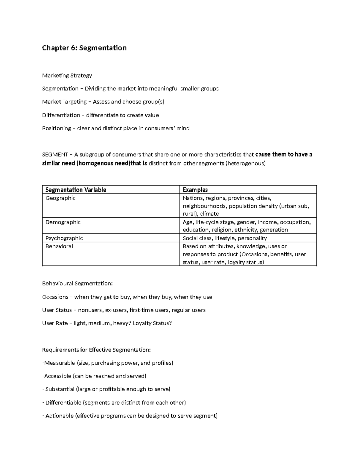 BUSI 2208: Week 4 Notes - Chapter 6: Segmentation Marketing Strategy ...