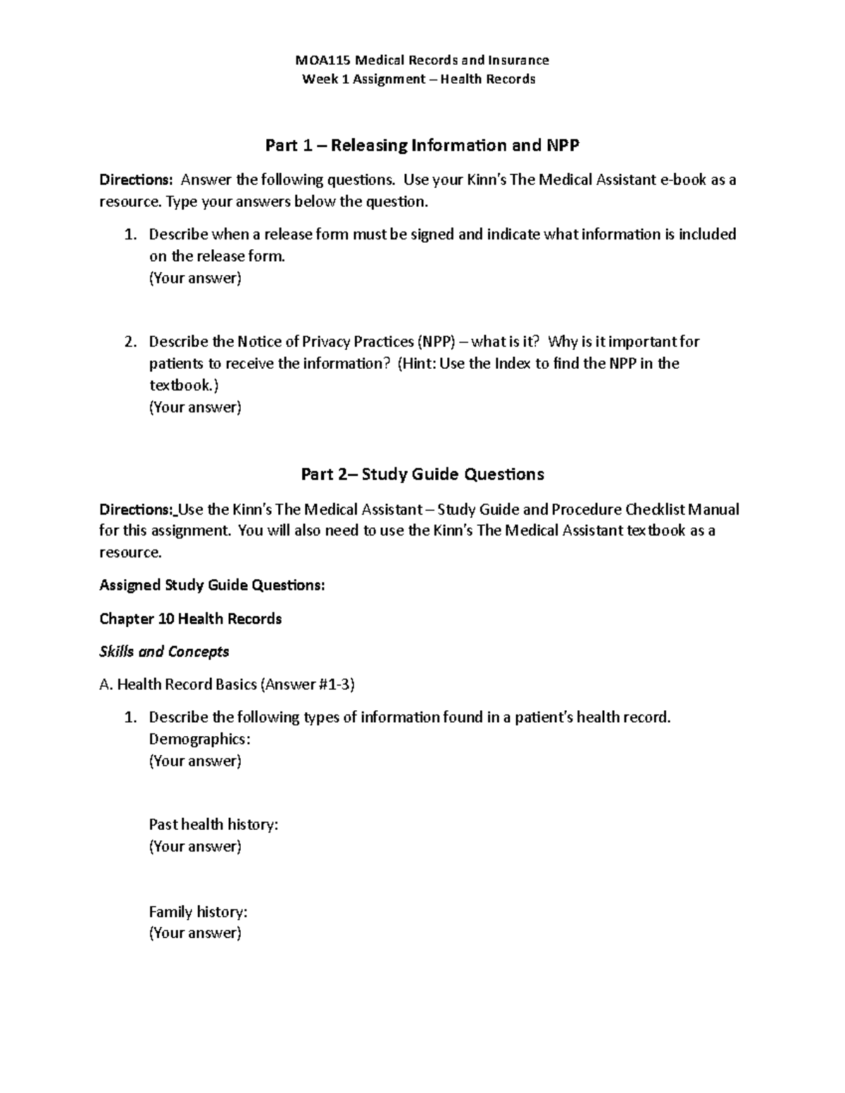 Wk1Assignment Homework Week 1 Assignment Health Records Part 1 