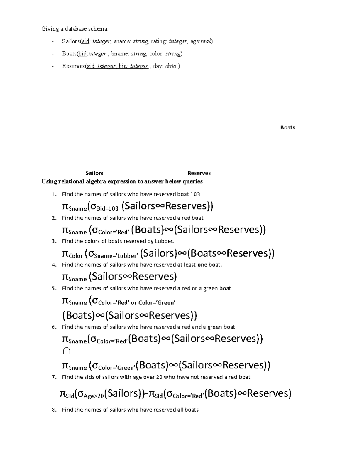 Lab1 DBI202 - ... - Giving A Database Schema: -Sailors(sid: Integer ...