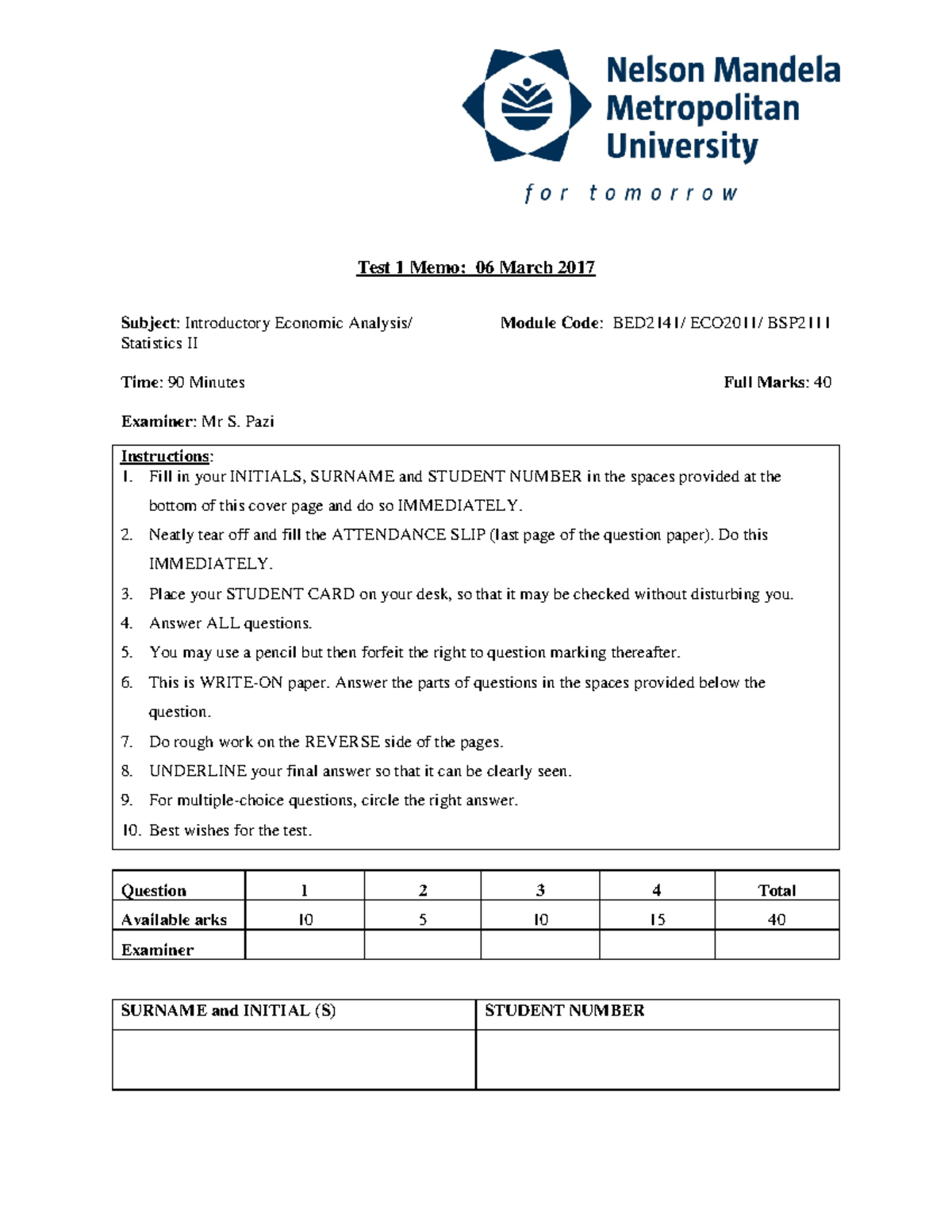 Test 1 Memo - First semester test questions 2018 solutions - Test 1 ...