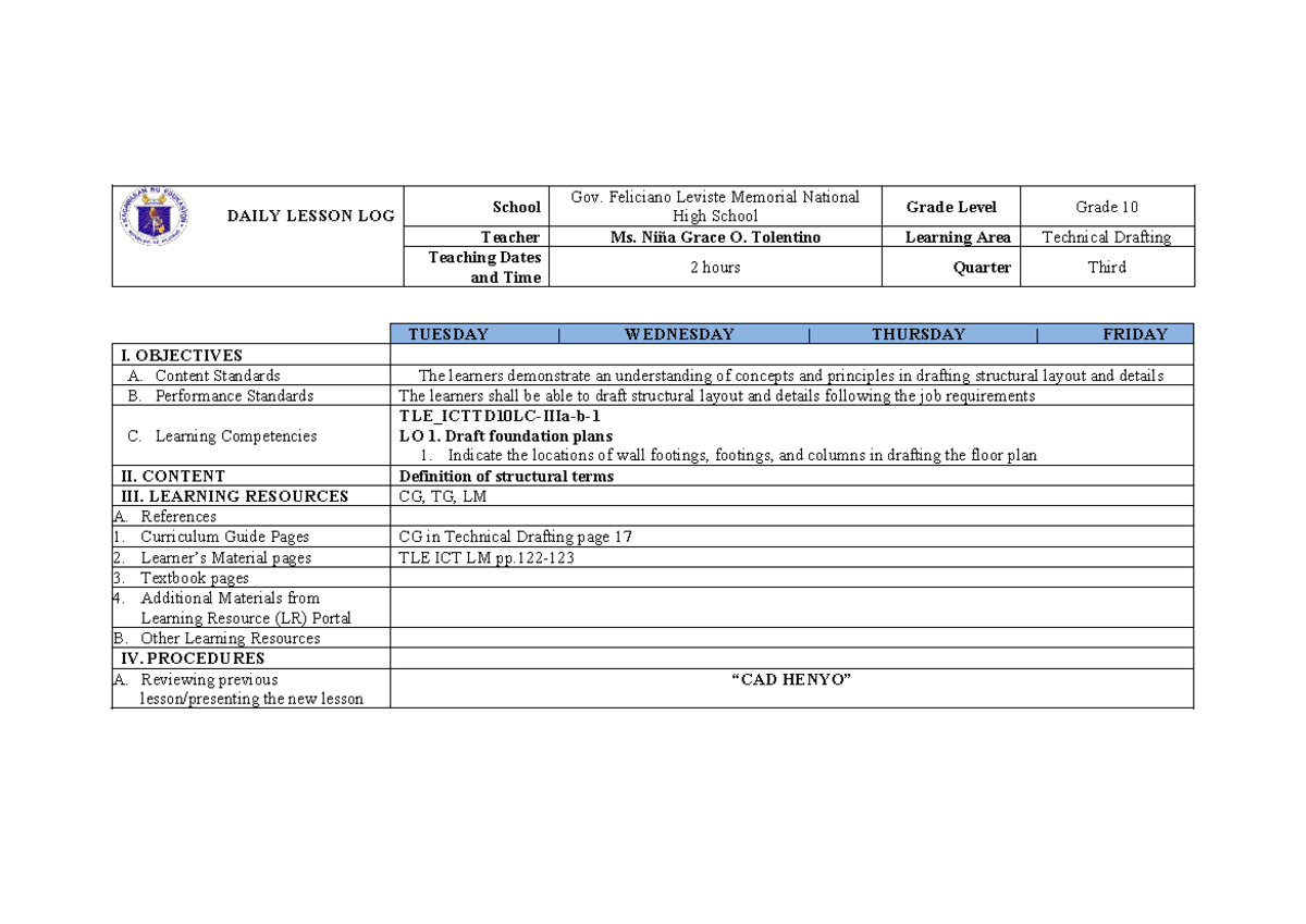 Third Technical Drafting - DAILY LESSON LOG School Gov. Feliciano ...