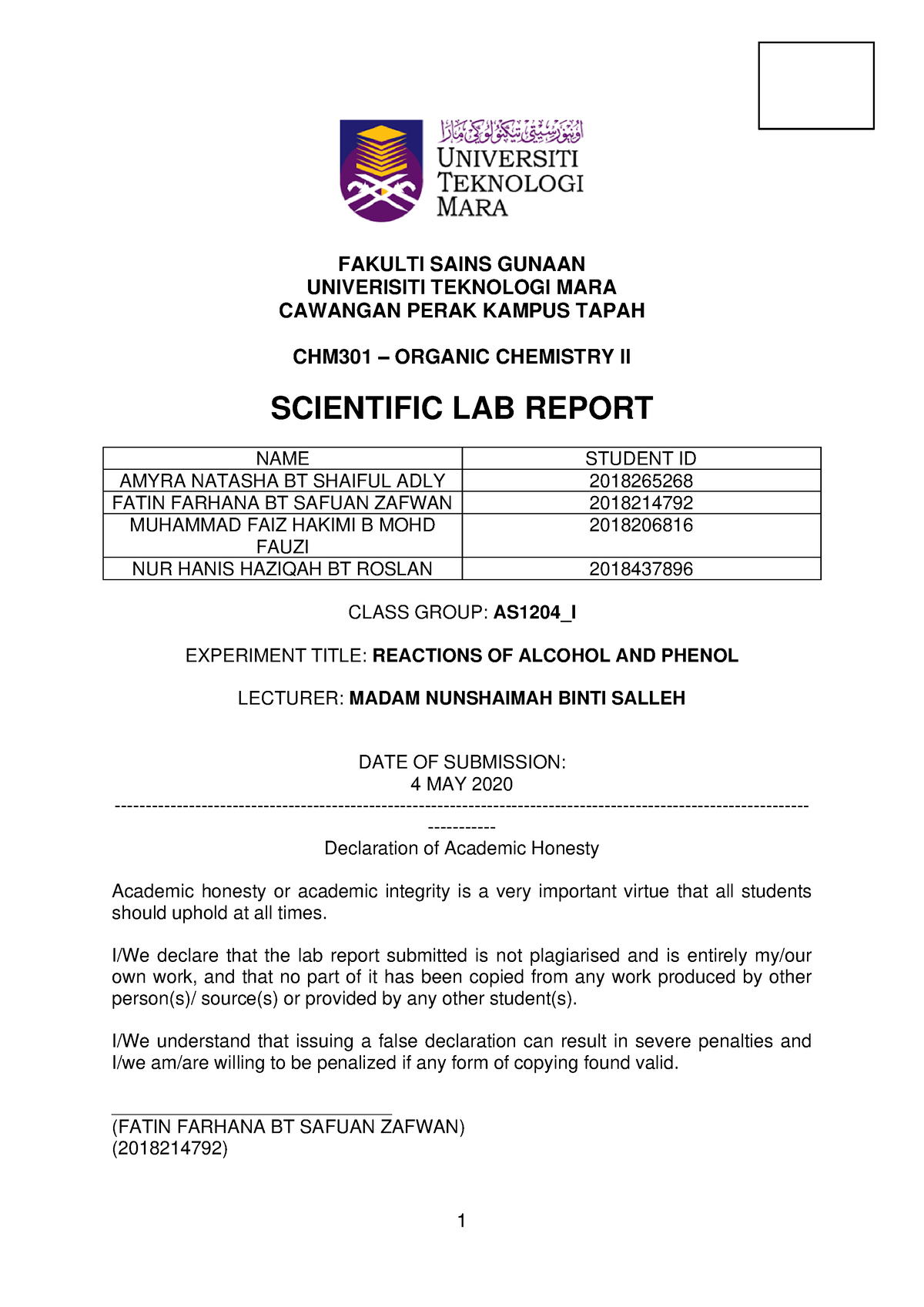 CHM 301 LAB Report Experiment 1 Reaction - FAKULTI SAINS GUNAAN ...