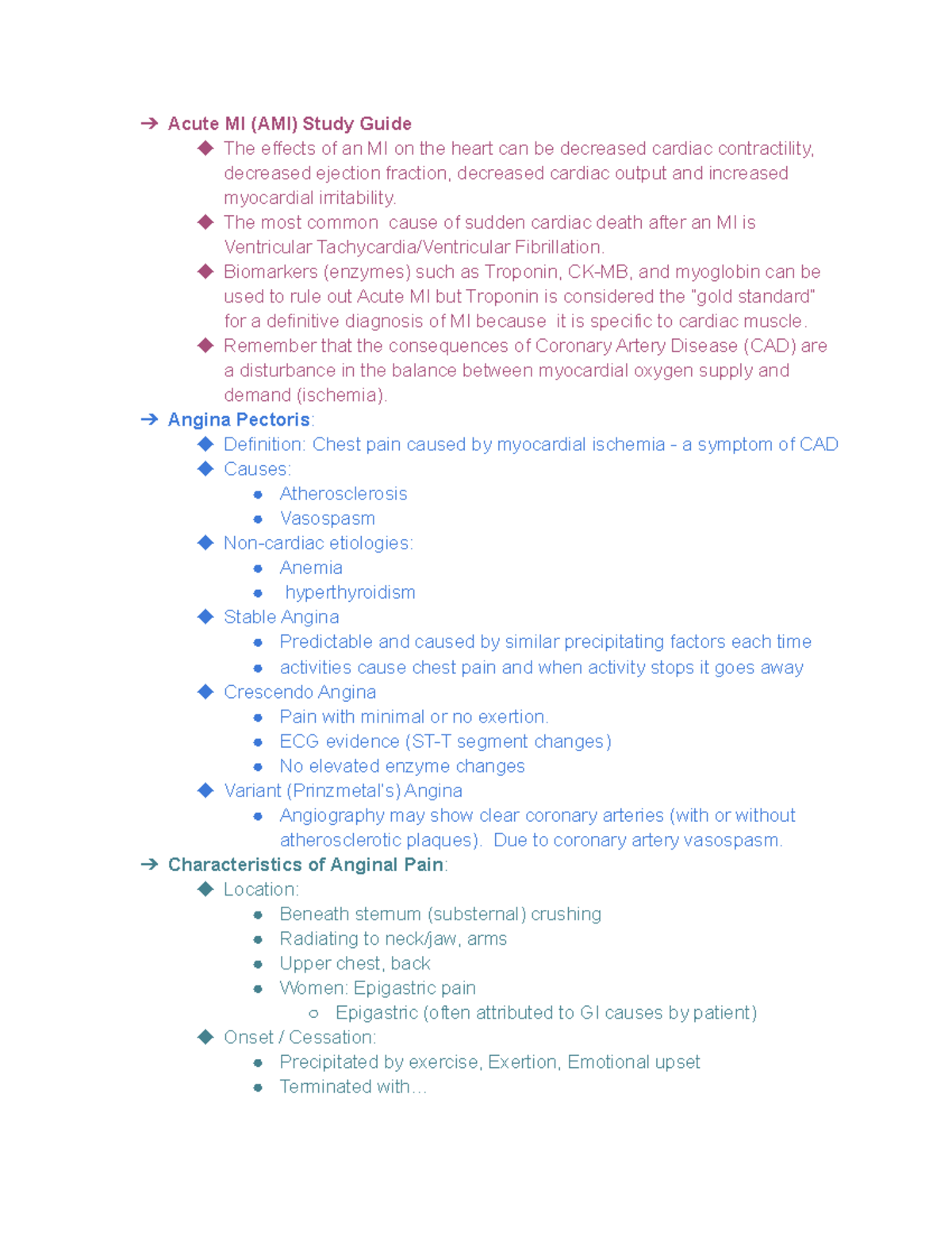 Study Guide: Cardiovascular - Acute MI (AMI) Study Guide The effects of ...