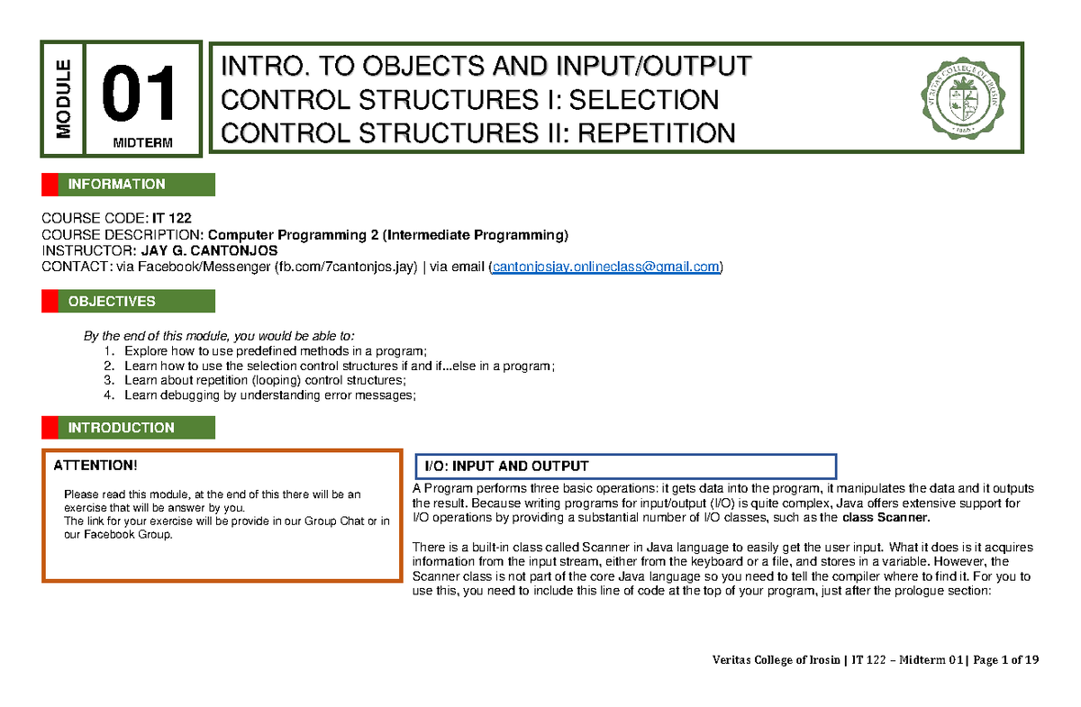 Intro. TO Objects AND Input Output AND Control Structures 0 - COURSE ...