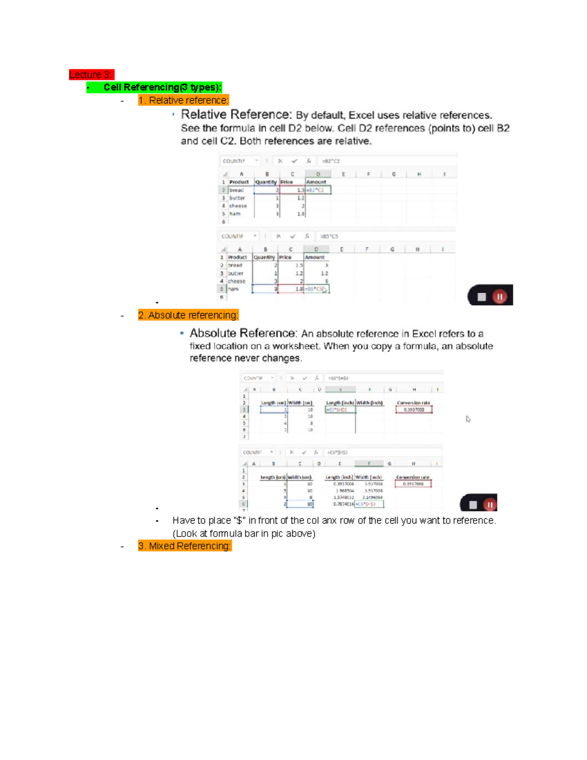 Final Exam Review - Lecture 3: Cell Referencing(3 types): Relative ...