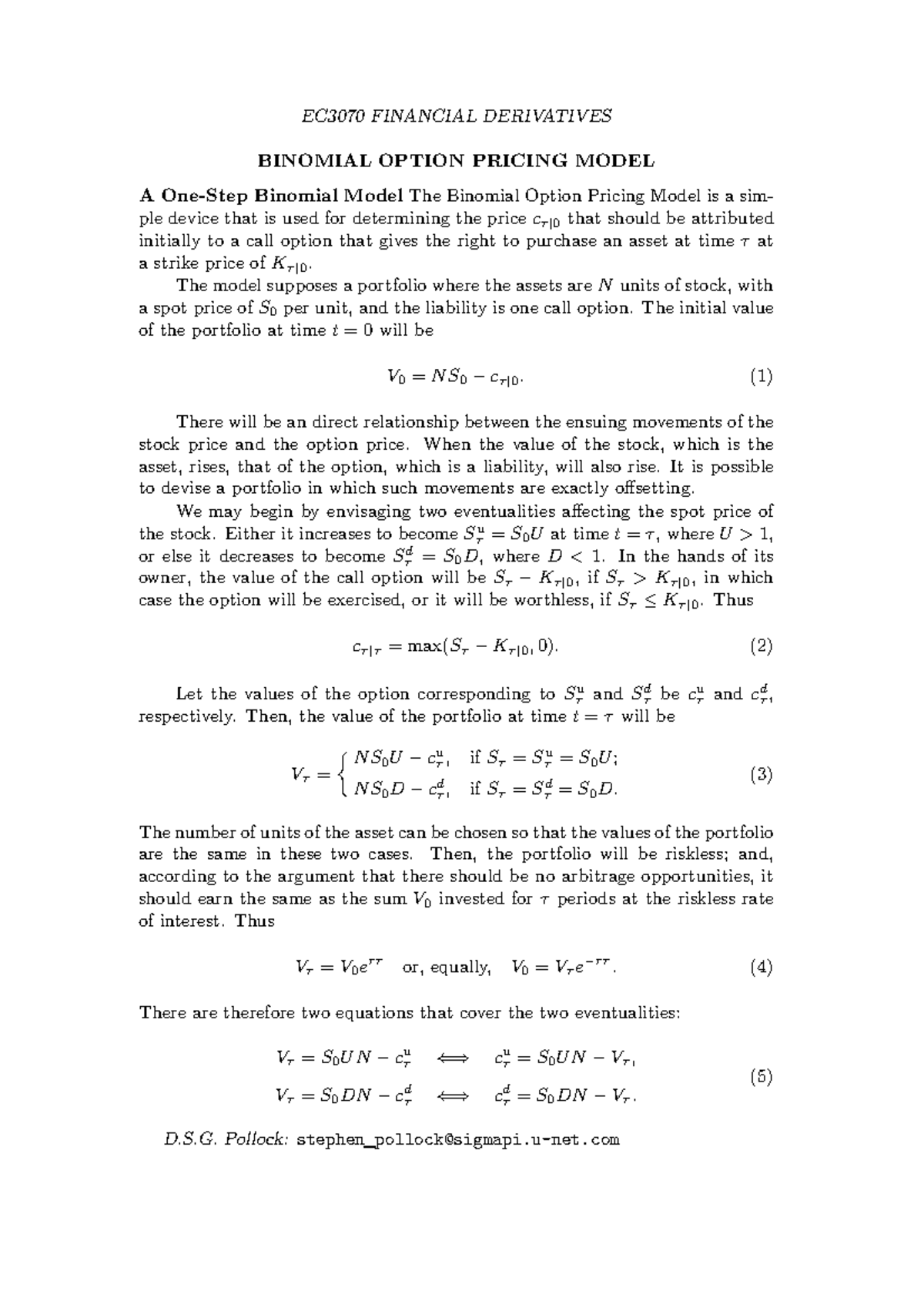 Binomial Option Pricing Model - ec 3070 - lecture notes - EC3070 ...