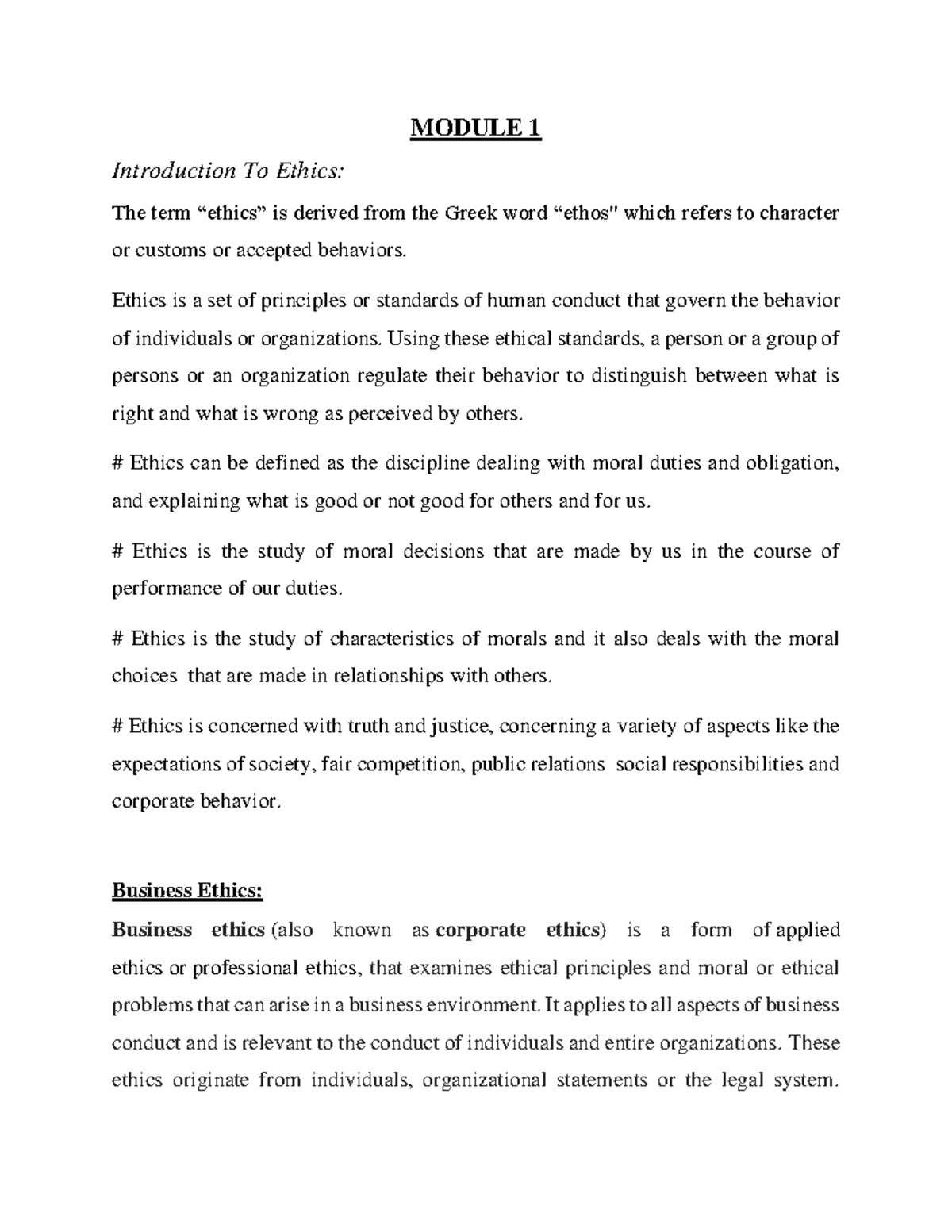 EGC Full Note - MBA EGC lecture notes - MODULE 1 Introduction To Ethics ...