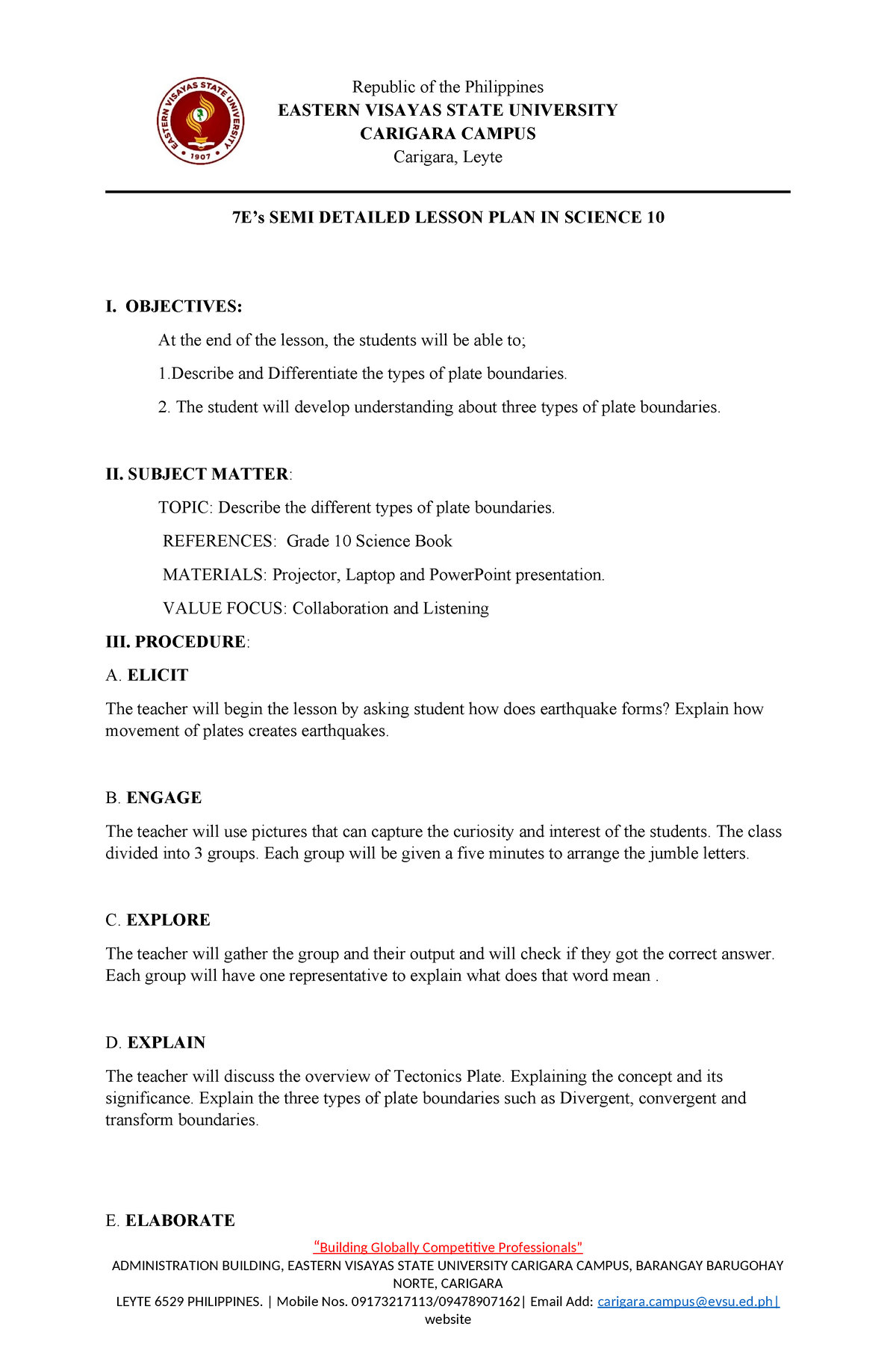 7Es Semi-Detailed Lesson Plan - Enales Christian New - Republic Of The ...