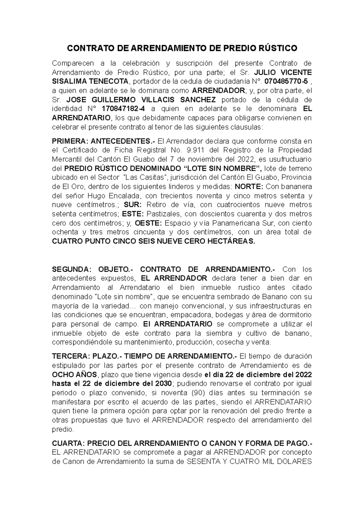 Contrato De Arrendamiento De Predio Rústico Contrato De Arrendamiento De Predio RÚstico 8311