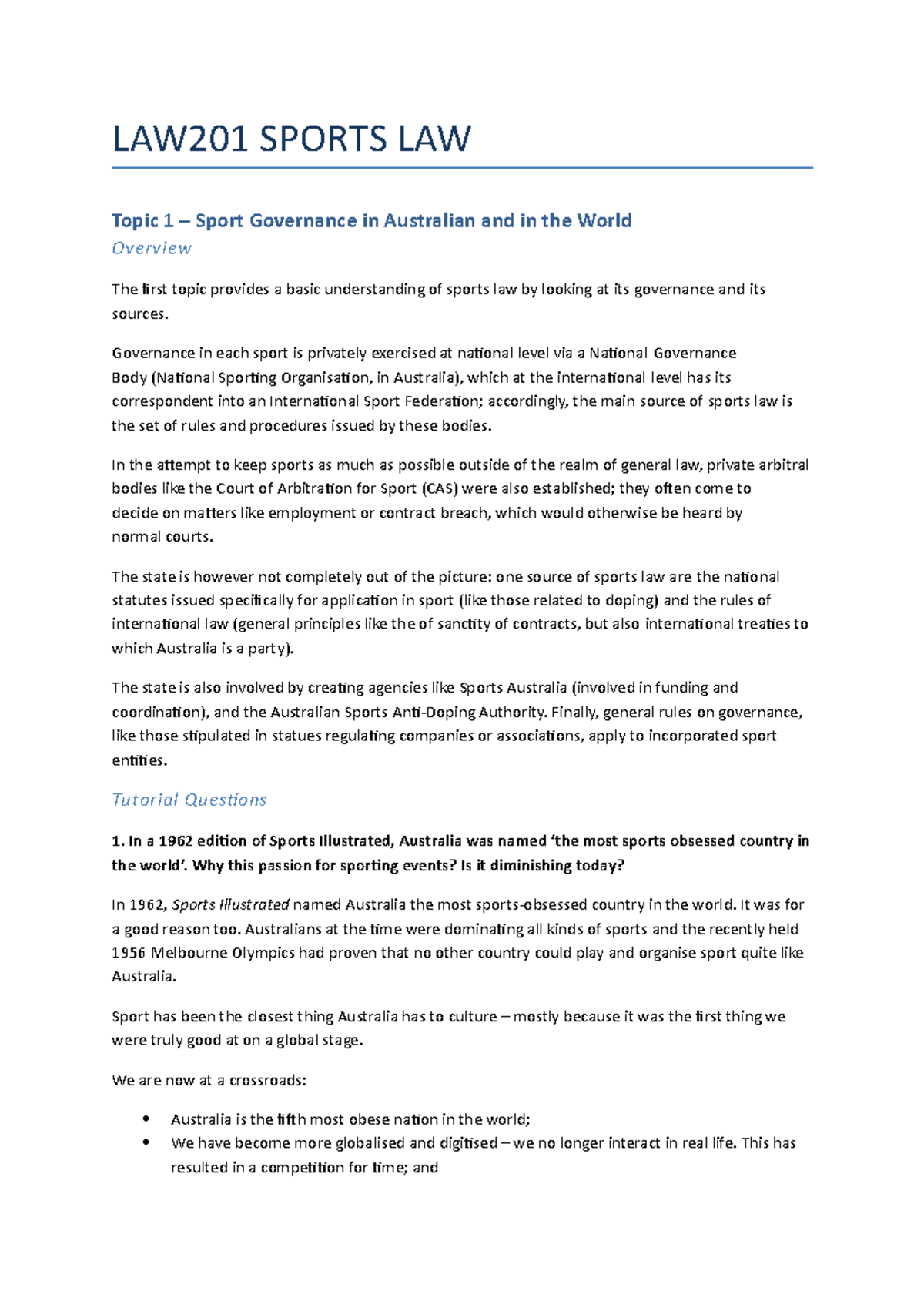 LAW201 Sports LAW exam notes LAW201 SPORTS LAW Topic 1 Sport