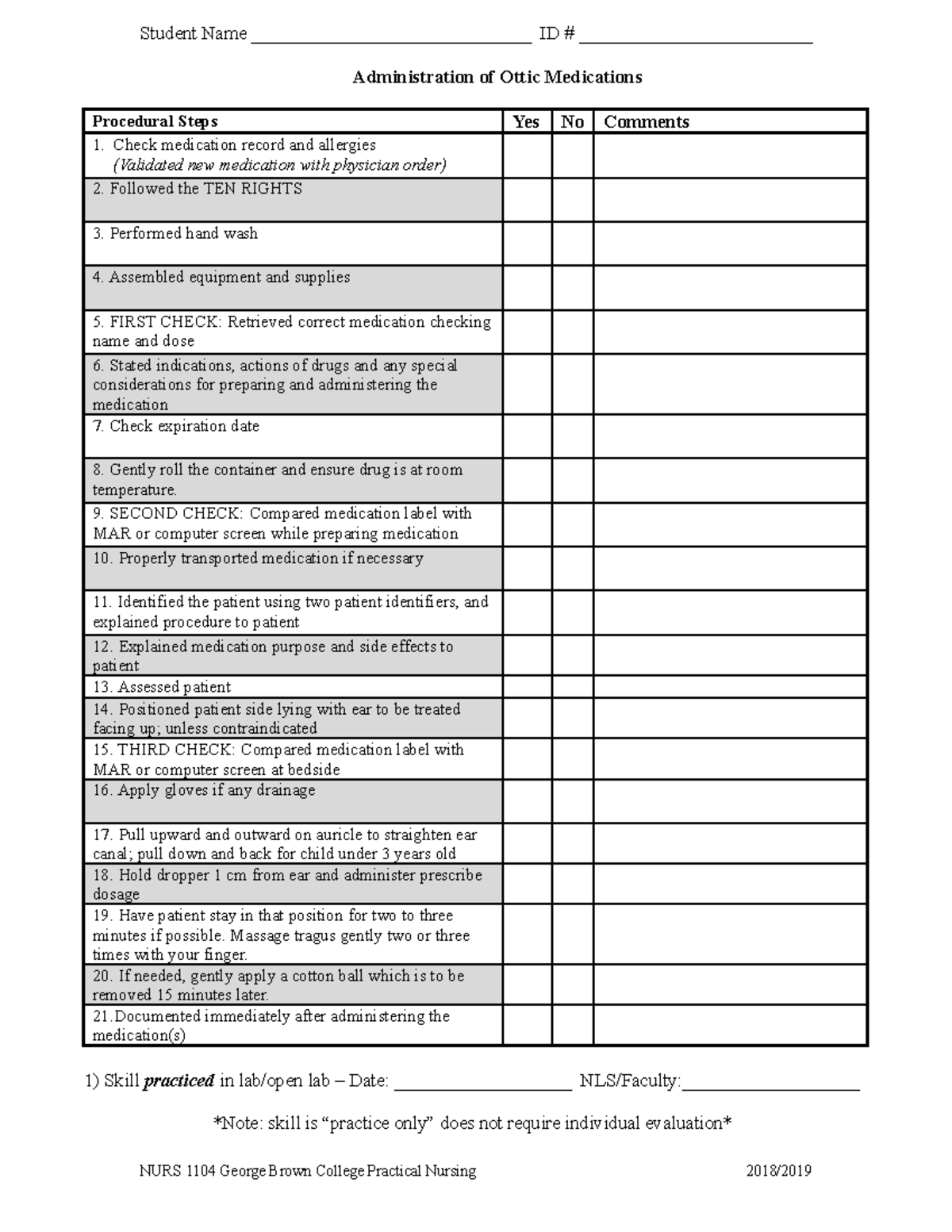 Skill Checklist - Ear Medication - Student Name ...