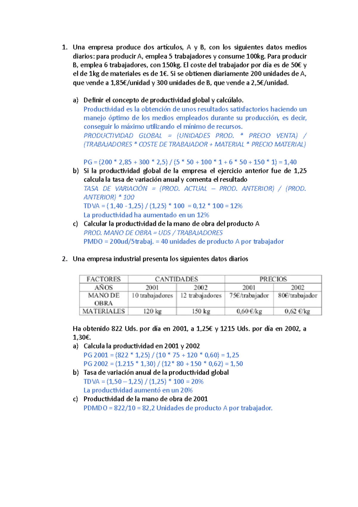 Ejercicios Producticvidad - Una Empresa Produce Dos Artículos, A Y B ...