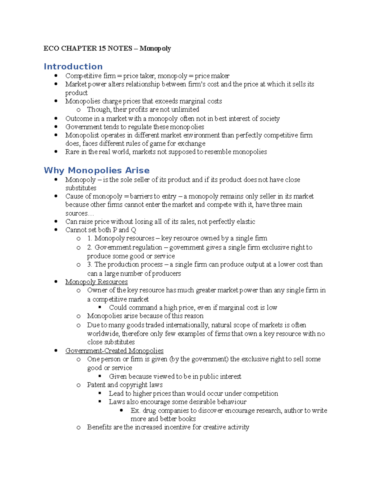 ECO Chapter 15 Notes – Monopoly - ECO CHAPTER 15 NOTES – Monopoly ...