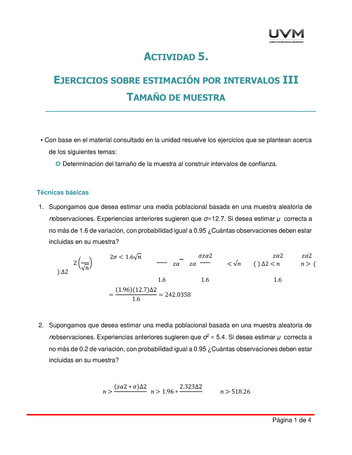 ACT 5 Estadistica - ACTIVIDAD 5. EJERCICIOS SOBRE ESTIMACIÓN POR ...