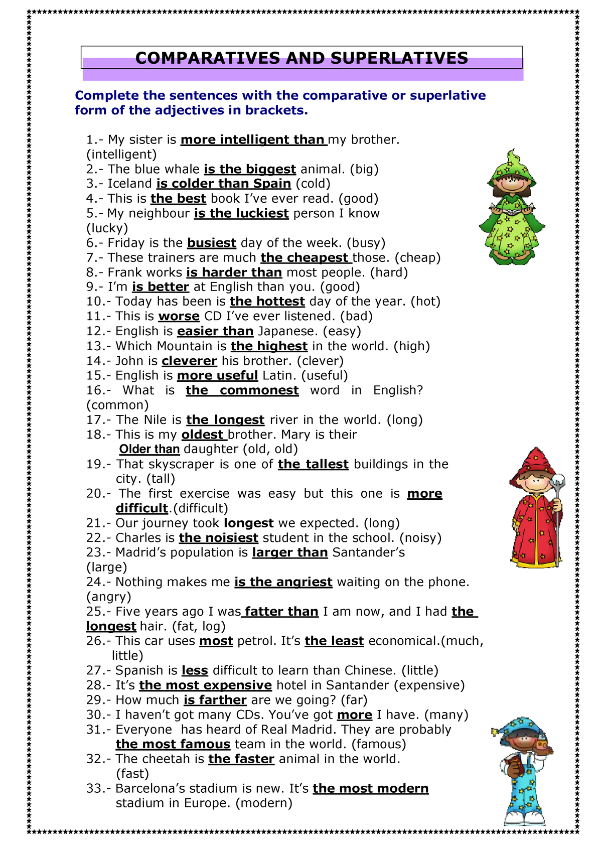 Comparatives And Superlatives EX Complete The Sentences With The 