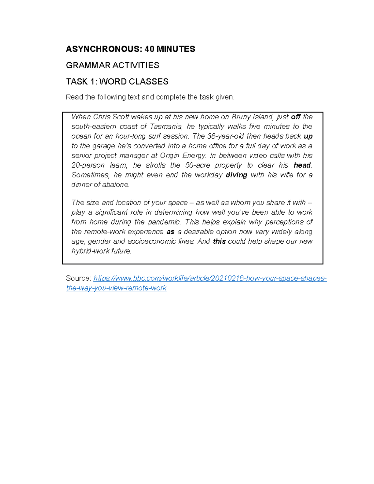 Asynchronous Grammar Task 1 Word Classes - ASYNCHRONOUS: 40 MINUTES ...
