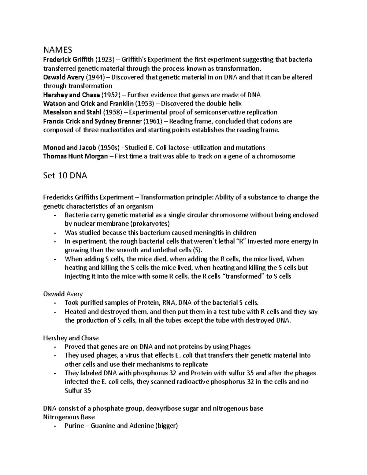Bio 237 Exam Notes - NAMES Frederick Griffith (1923) – Griffith’s ...