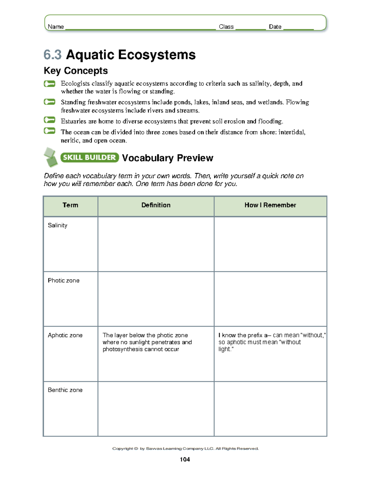 Lesson 6.3 Worksheets Aquatic Biomes - 6 Aquatic Ecosystems Key ...