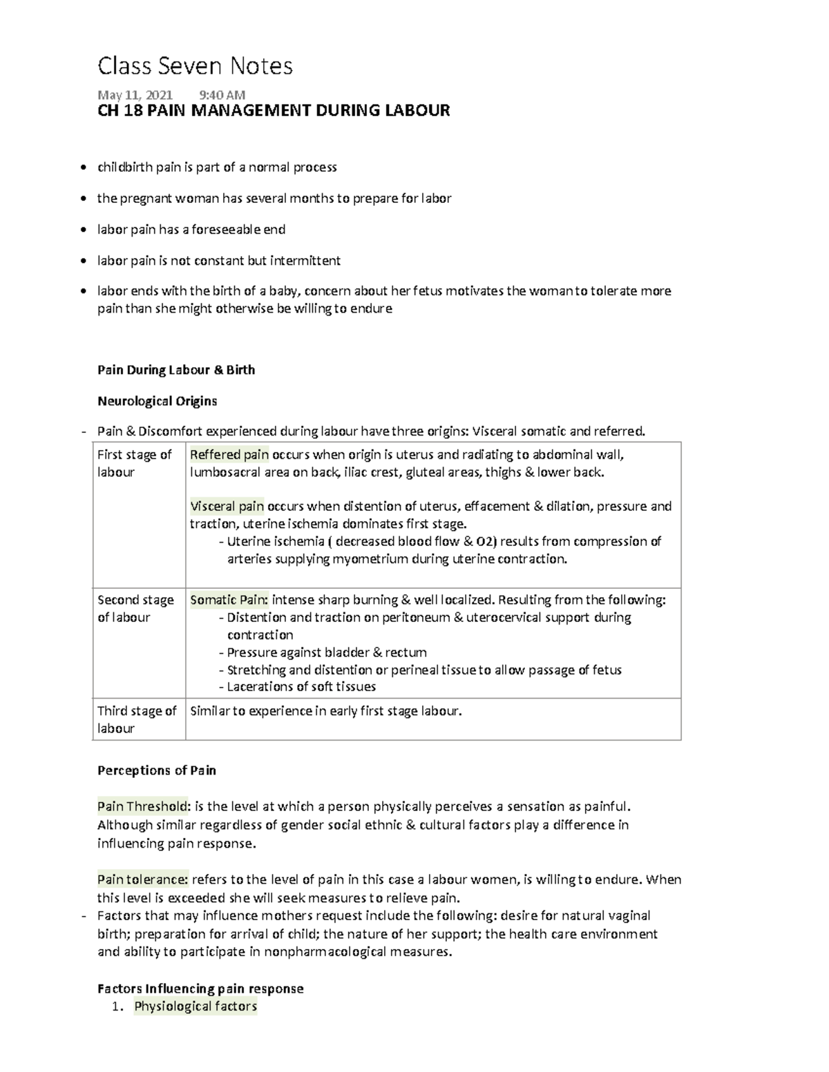 Class seven notes - CH 18 PAIN MANAGEMENT DURING LABOUR childbirth pain ...