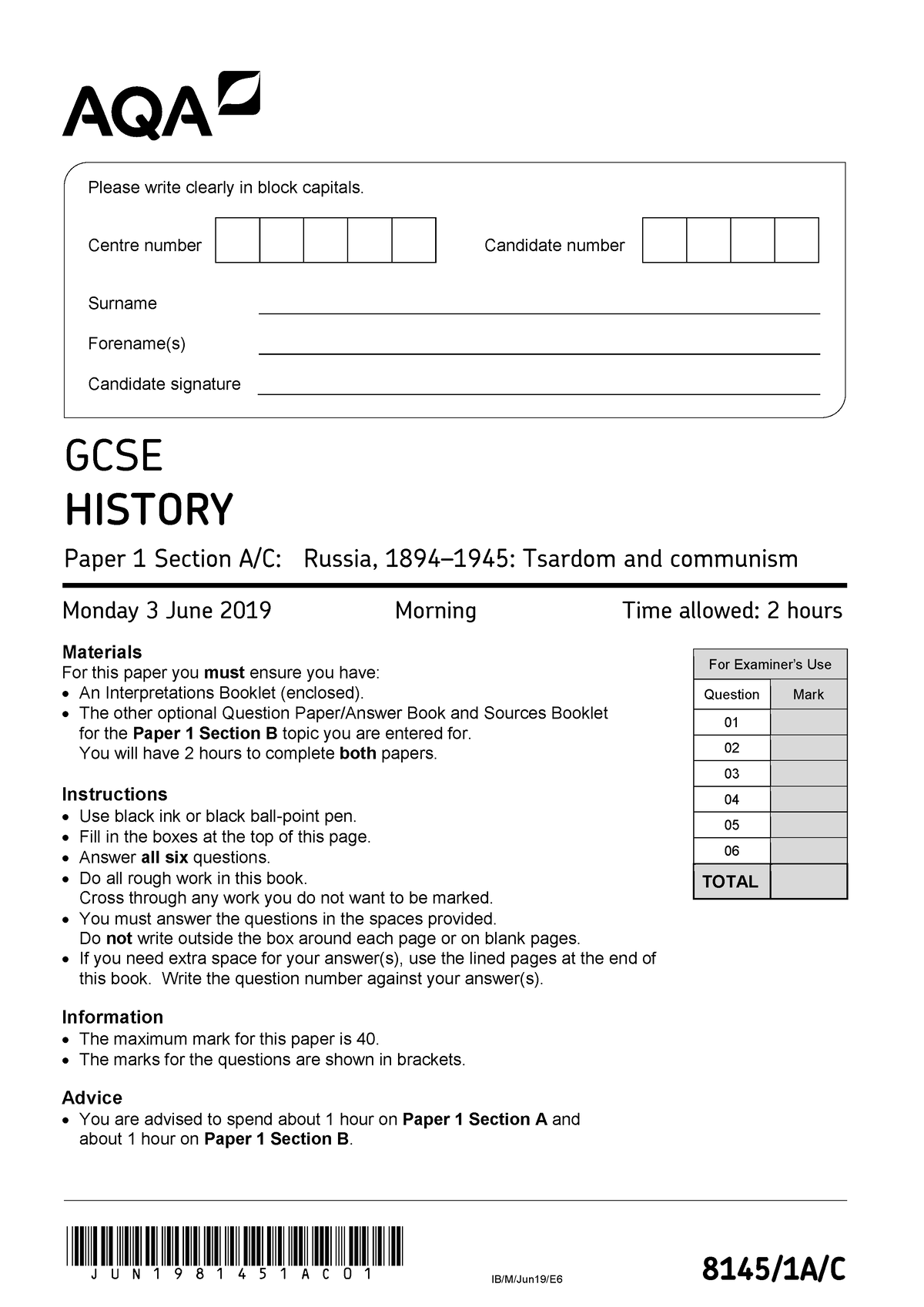 AQA 81451 AC QP JUN19 - *JUN1981451aC 01 * IB/M/Jun19/E6 8145/1A/C For ...