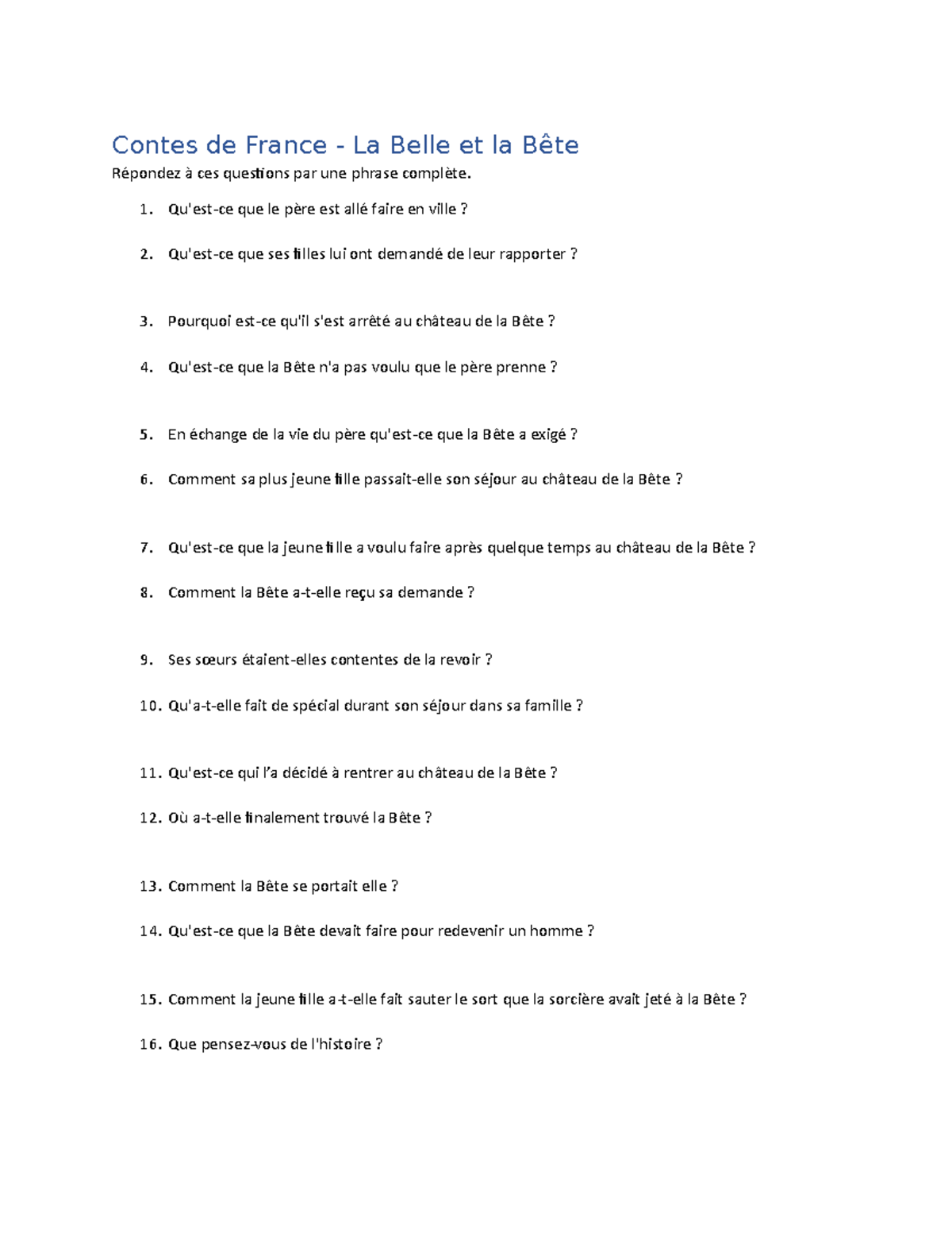 Questions Belle story assignment Contes de France La Belle et la Bête Répondez à ces