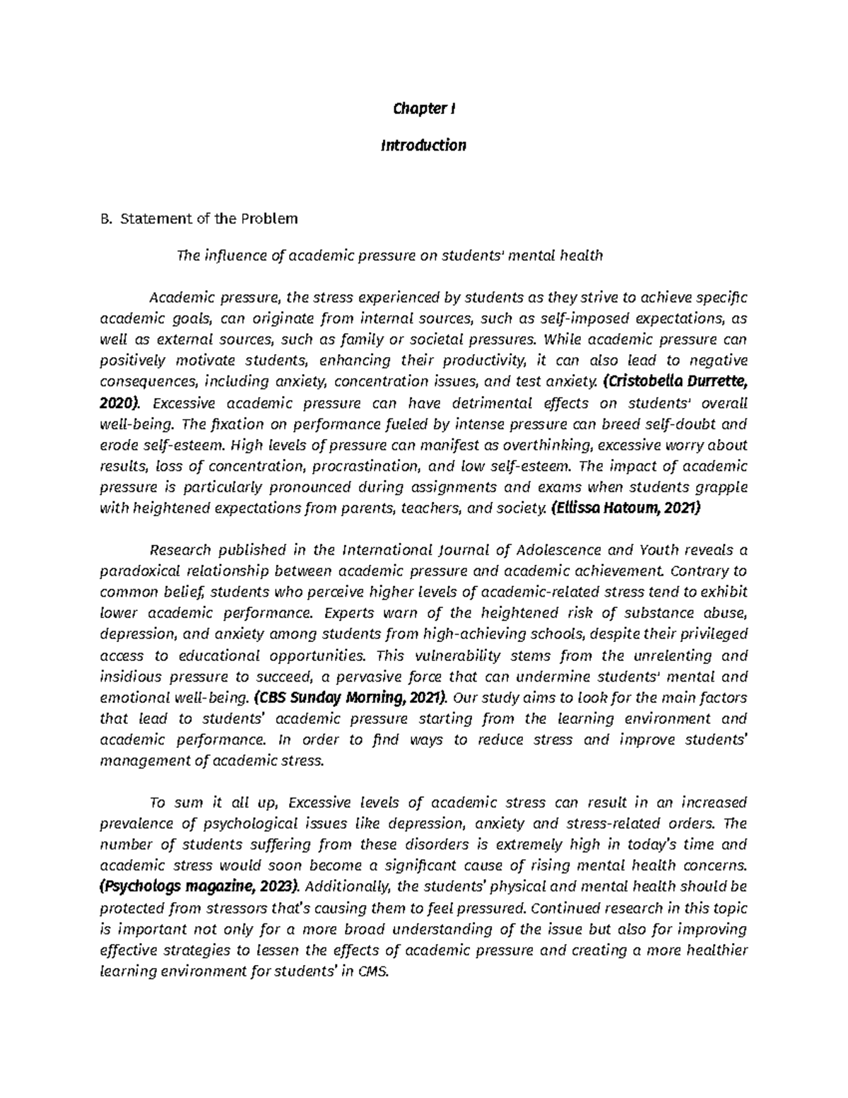Statement of the Problem - Chapter I Introduction B. Statement of the ...