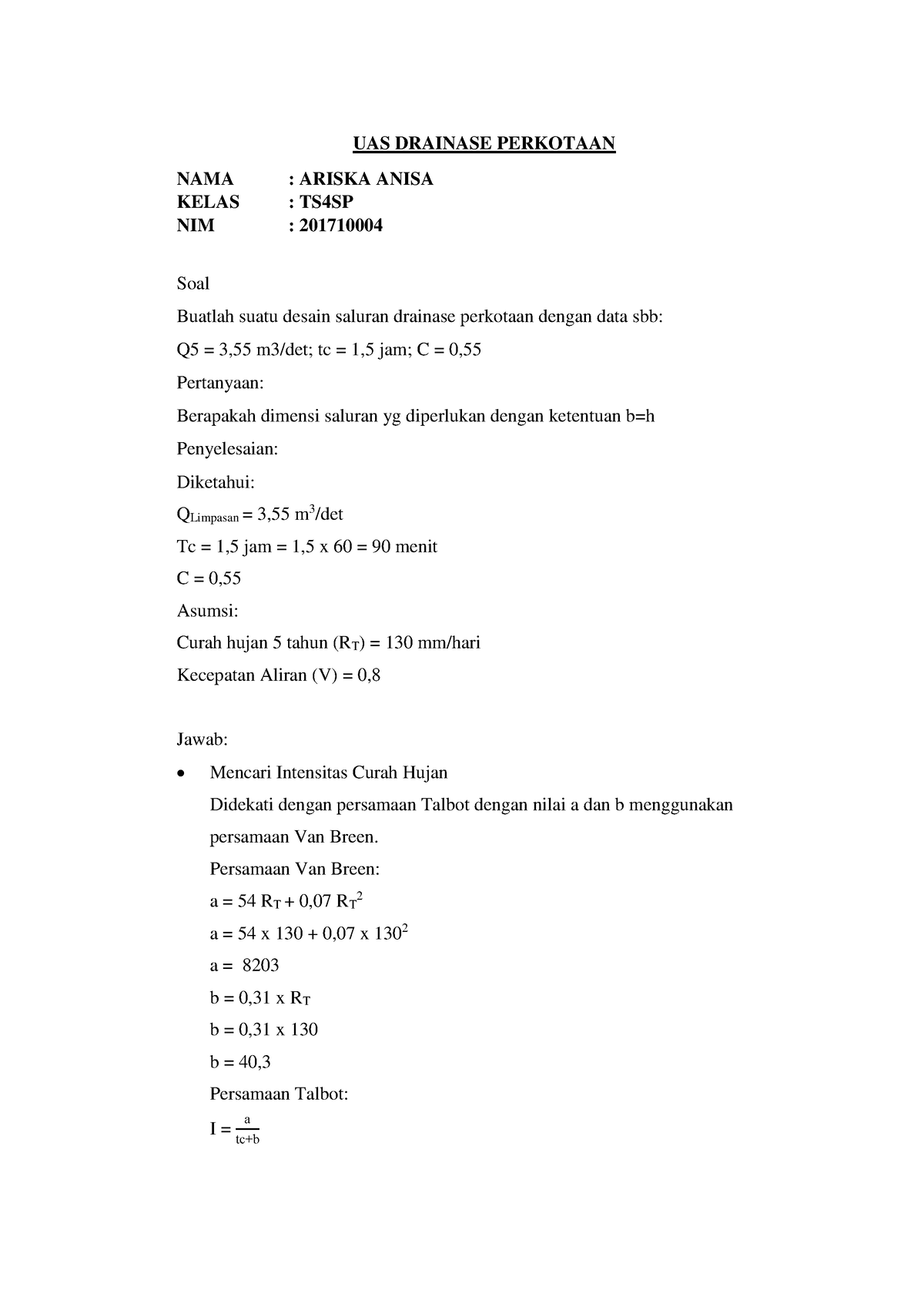 Drainase Perkotaan TS4SP UAS - UAS DRAINASE PERKOTAAN NAMA : ARISKA ...