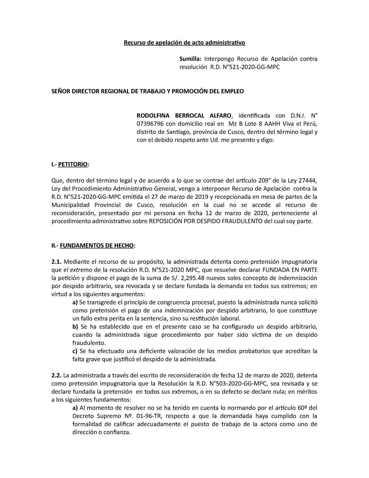 Apelación Administrativa - Recurso de apelación de acto administrativo  Sumilla: Interpongo Recurso - Studocu