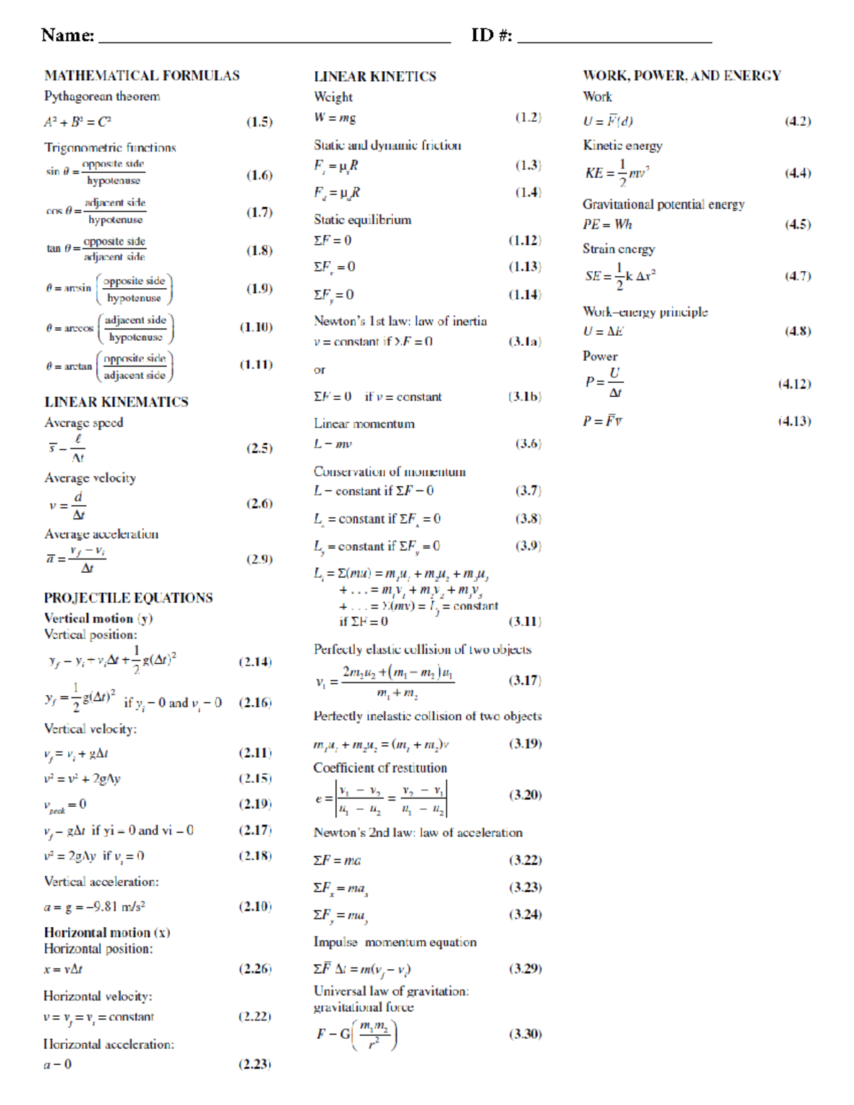 Equations - linear motion - EXCI 351 - Name ...