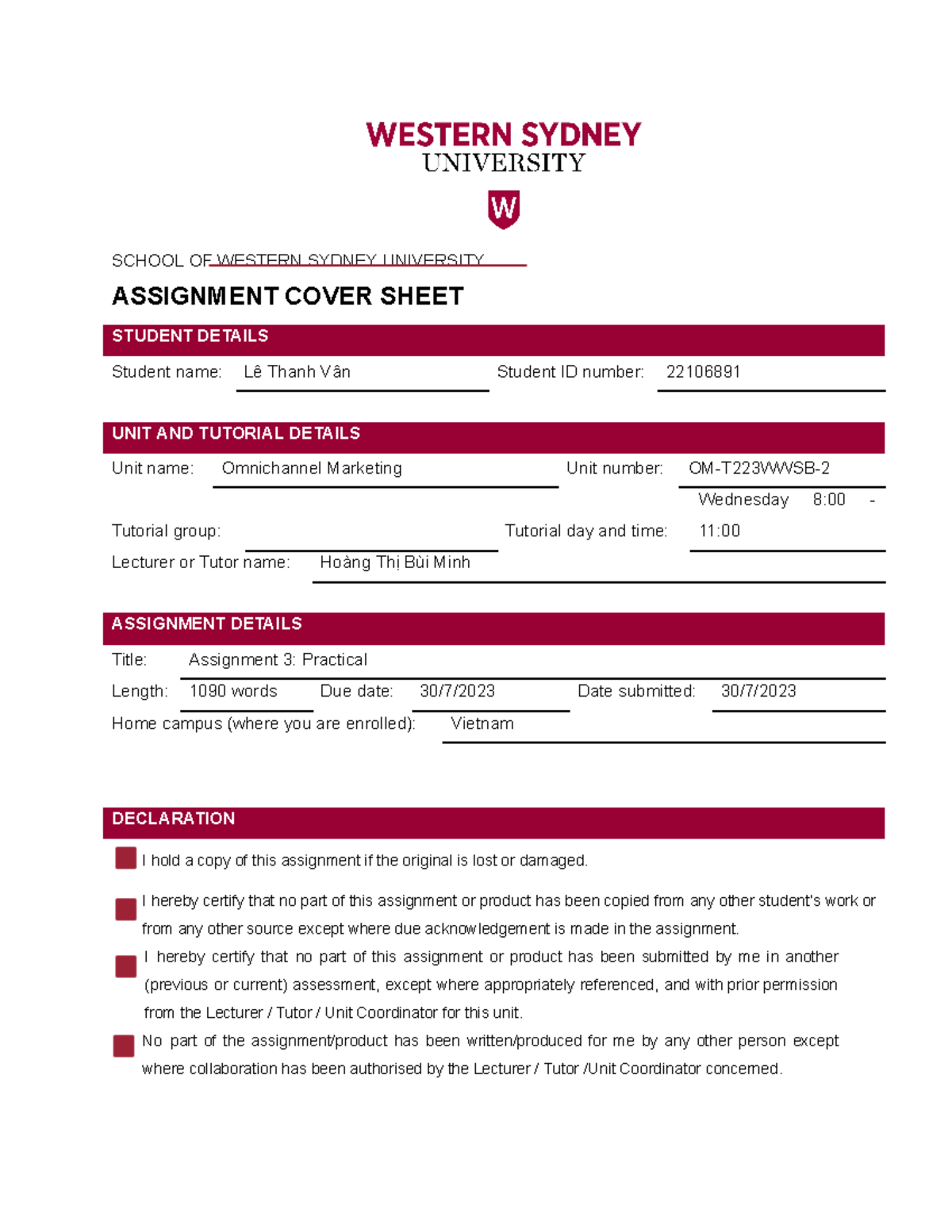 western sydney university assignment cover sheet