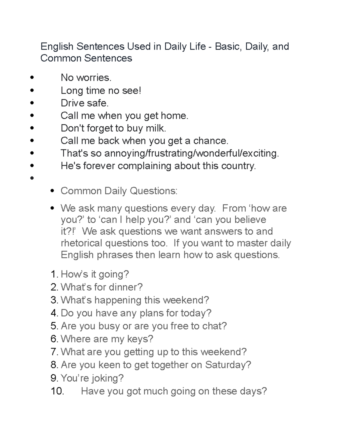 Important - acc - English Sentences Used in Daily Life - Basic, Daily ...