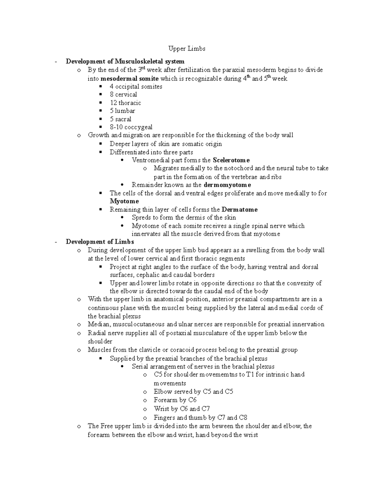 Upper Limbs - Lecture notes 5 - Upper Limbs - Development of ...