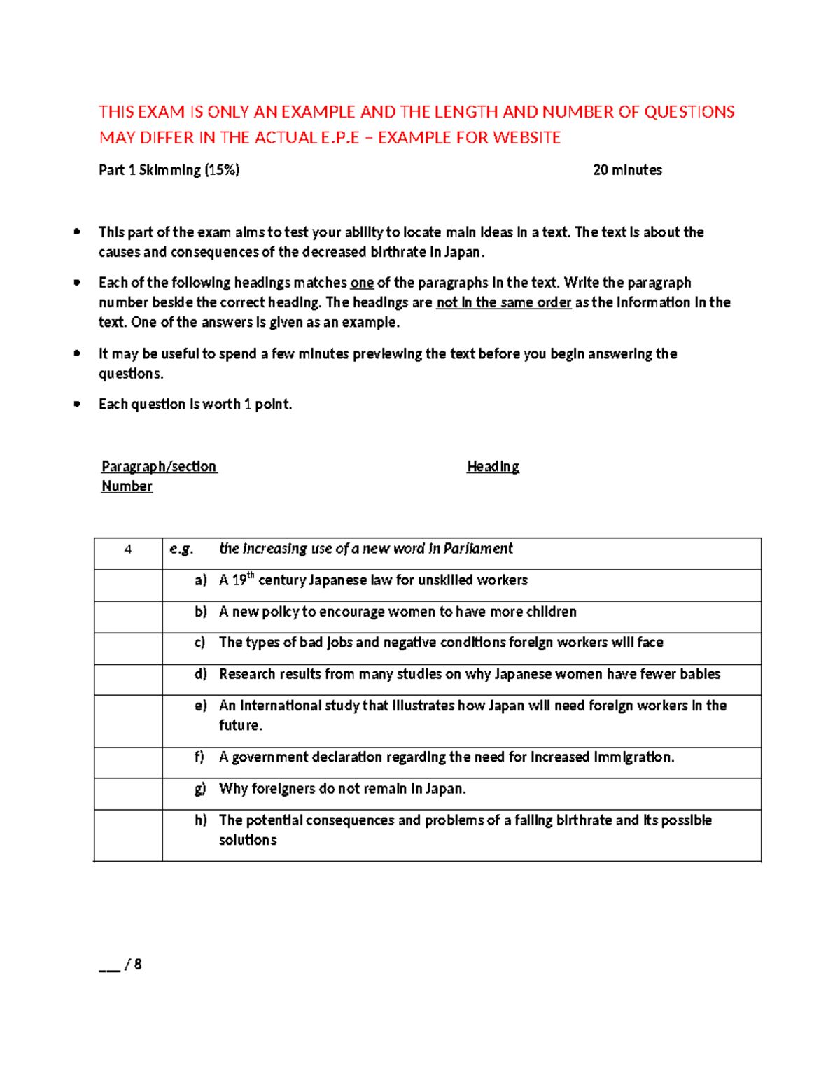 Speed Reading FOR Website - THIS EXAM IS ONLY AN EXAMPLE AND THE LENGTH ...