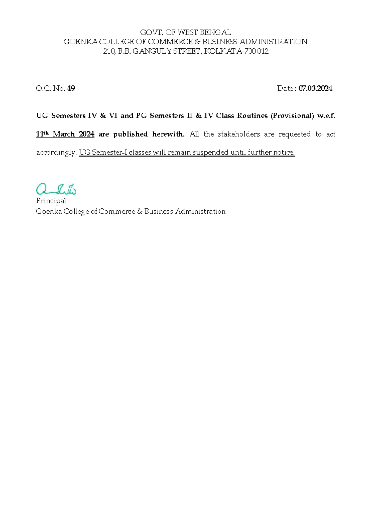 Office Circular 49 dated 07 GOVT. OF WEST BENGAL GOENKA COLLEGE OF COMMERCE & BUSINESS Studocu