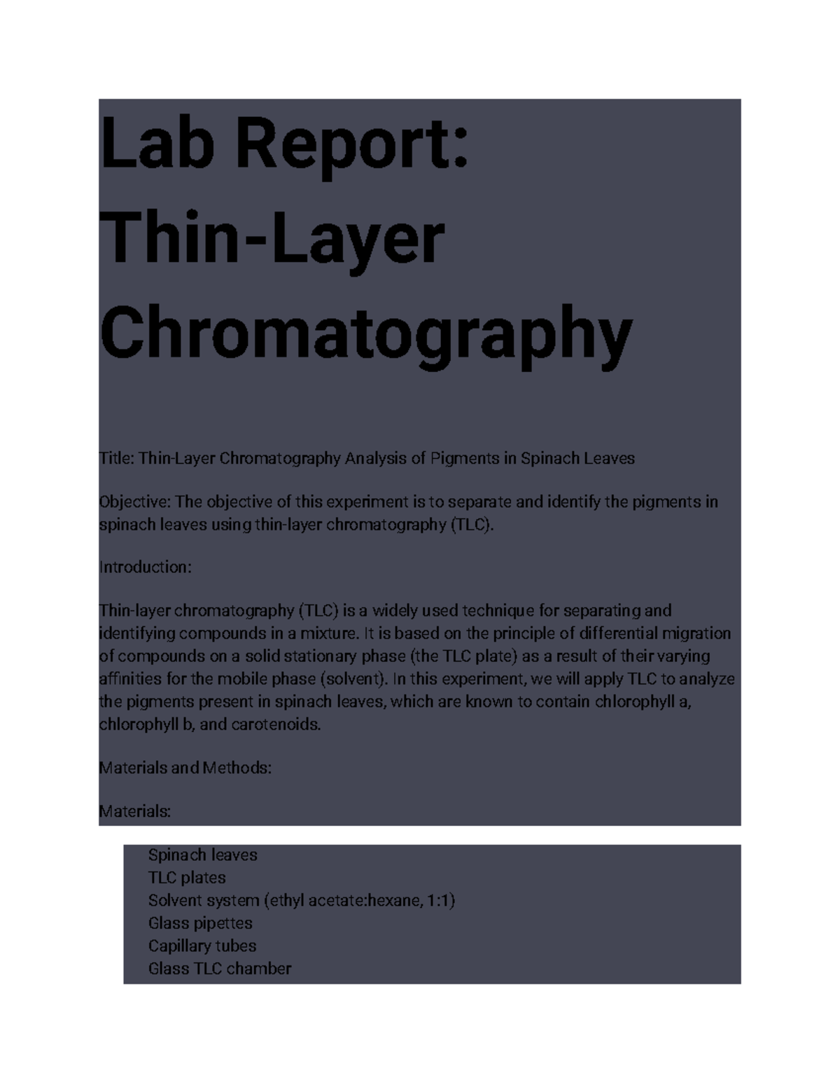 Thin Layer Chromatography - Lab Report: Thin-Layer Chromatography Title ...